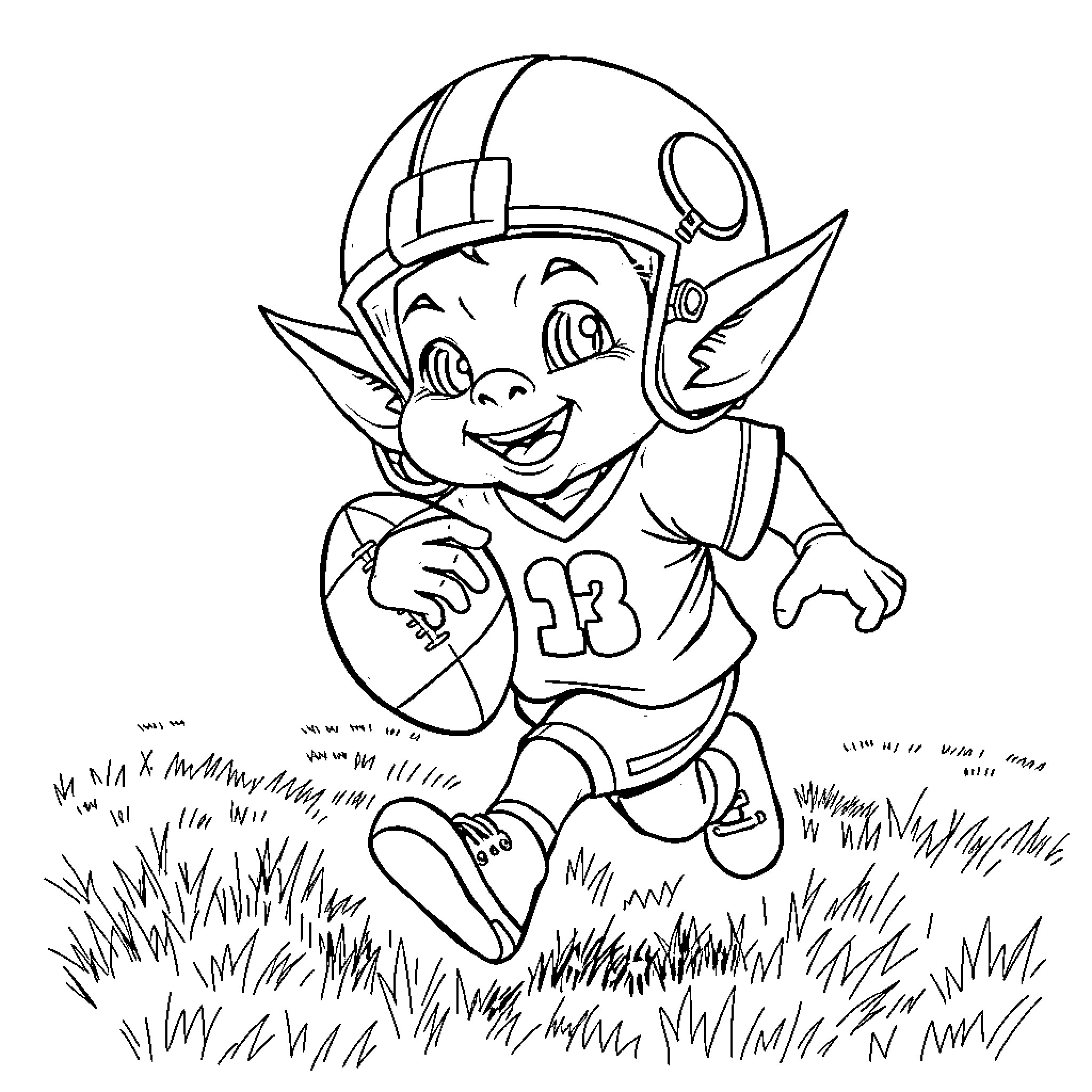 Goblin football player enjoying the game Coloring Page (free black-and-white line drawing printable PDF for all, from beginners to advanced learners, including children, teens, adults, and seniors)