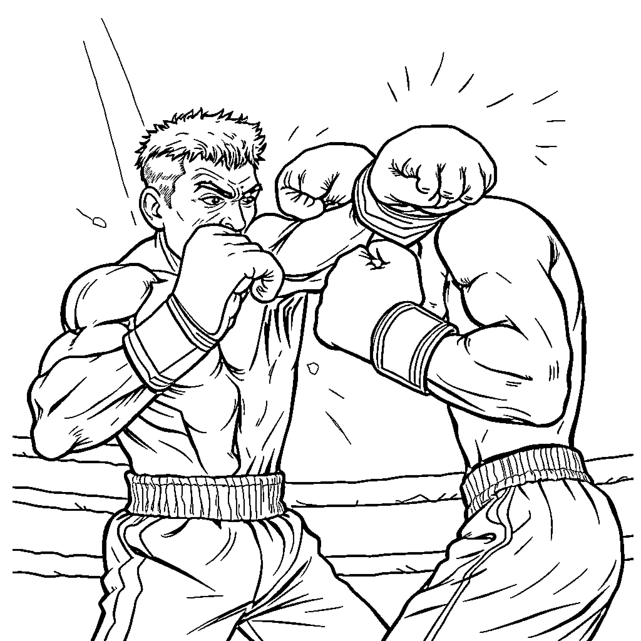 Fighter engaging in intense boxing match Coloring Page (free black-and-white line drawing printable PDF for all, from beginners to advanced learners, including children, teens, adults, and seniors)