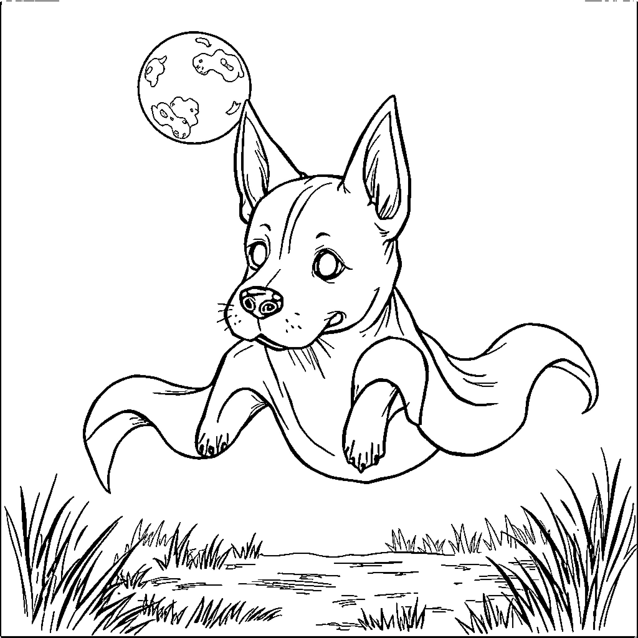 Dog gazing at the moon in a grassy field Coloring Page (free black-and-white line drawing printable PDF for all, from beginners to advanced learners, including children, teens, adults, and seniors)