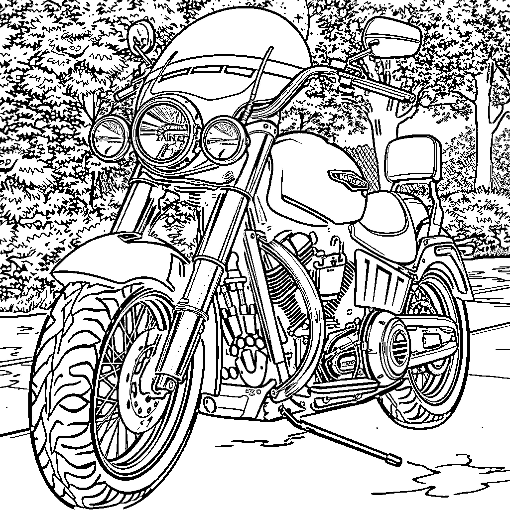 Harley Davidson motorcycle on scenic forest trail Coloring Page (free black-and-white line drawing printable PDF for all, from beginners to advanced learners, including children, teens, adults, and seniors)