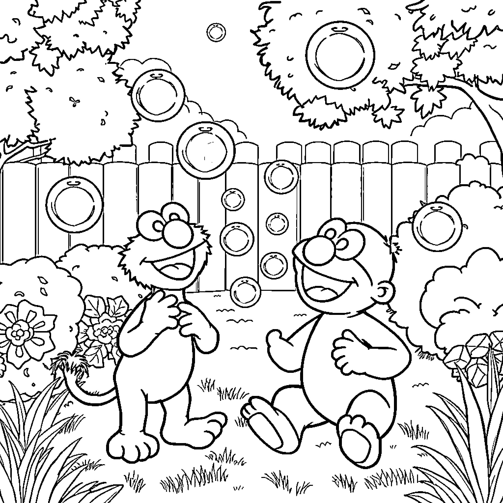 Elmo and friends playing in a magical garden Coloring Page (free black-and-white line drawing printable PDF for all, from beginners to advanced learners, including children, teens, adults, and seniors)