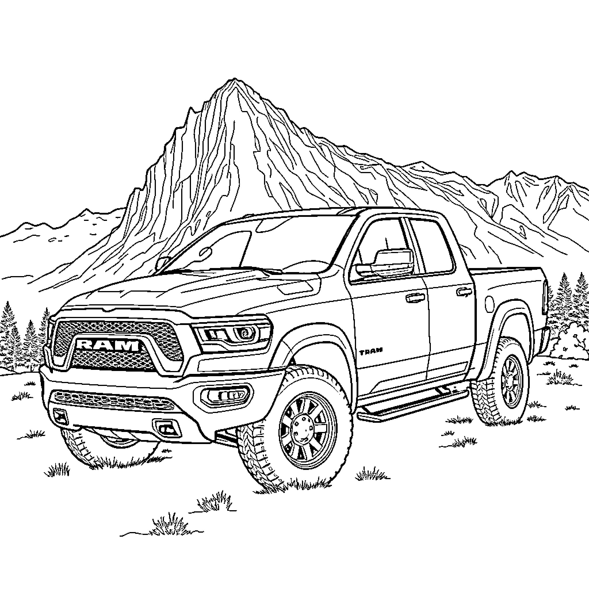 Ram TRX off-road adventure in the mountains Coloring Page (free black-and-white line drawing printable PDF for all, from beginners to advanced learners, including children, teens, adults, and seniors)