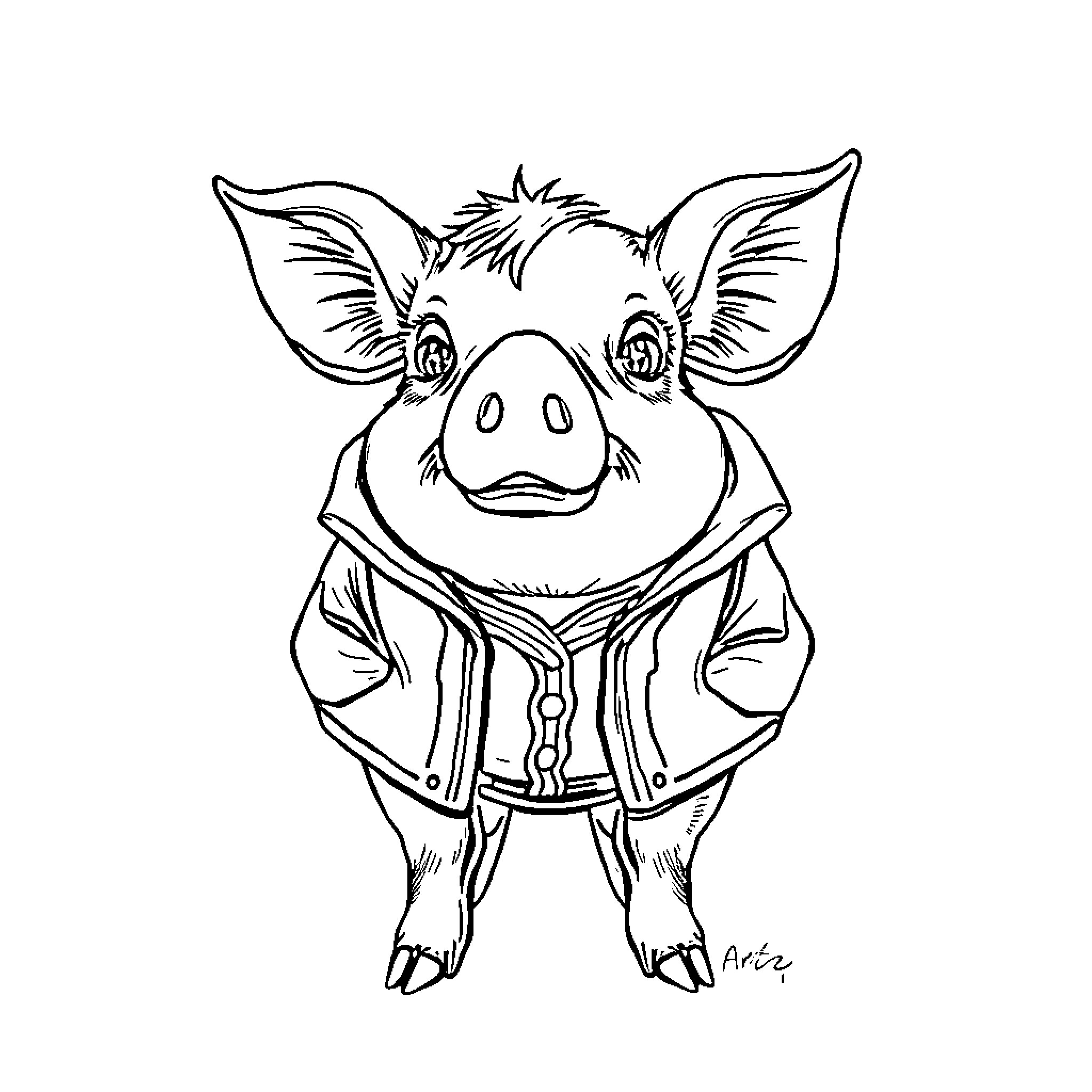 Pig wearing casual outfit and posing Coloring Page (free black-and-white line drawing printable PDF for all, from beginners to advanced learners, including children, teens, adults, and seniors)