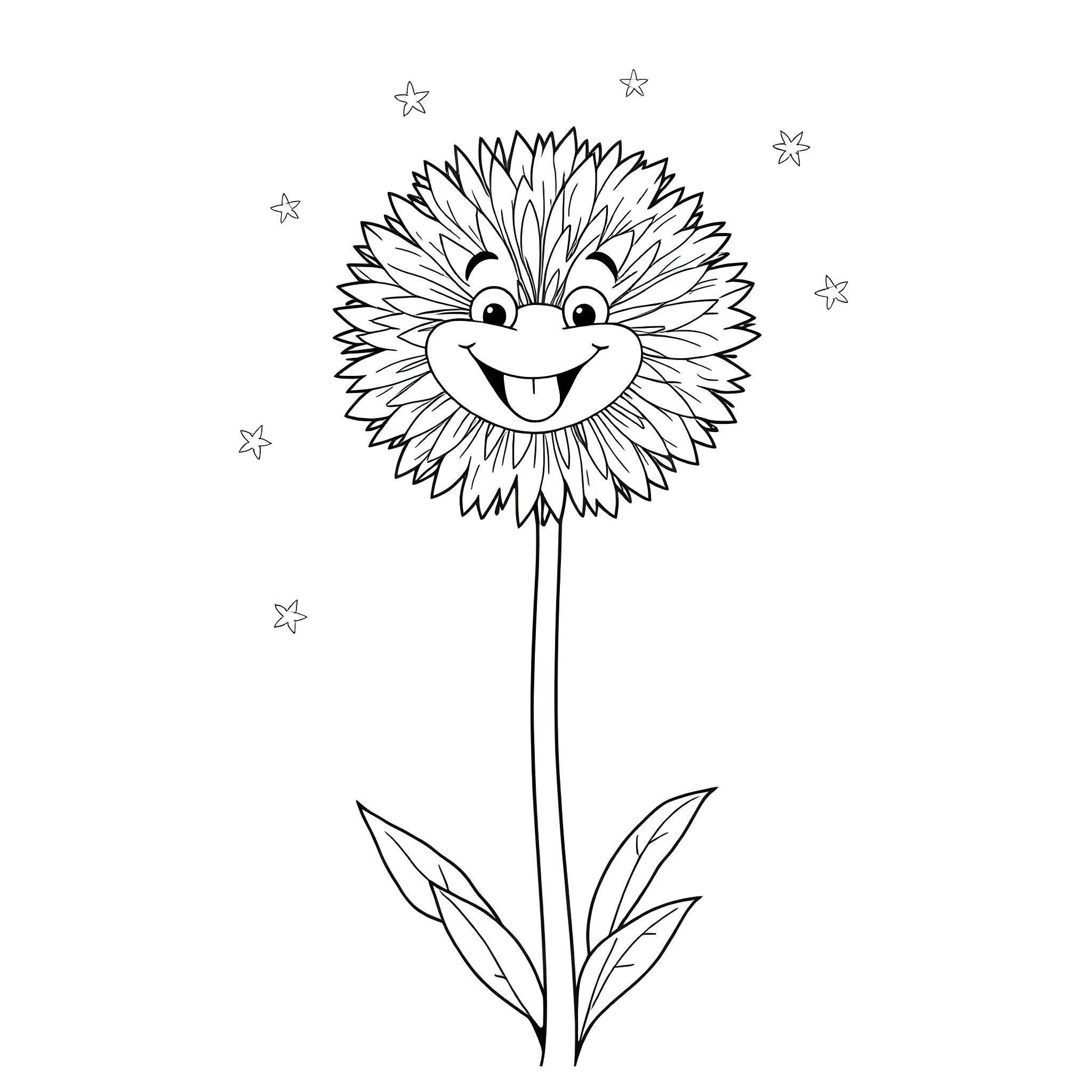 Dandelion flower with a smiling face and stars Coloring Page (free black-and-white line drawing printable PDF for all, from beginners to advanced learners, including children, teens, adults, and seniors)
