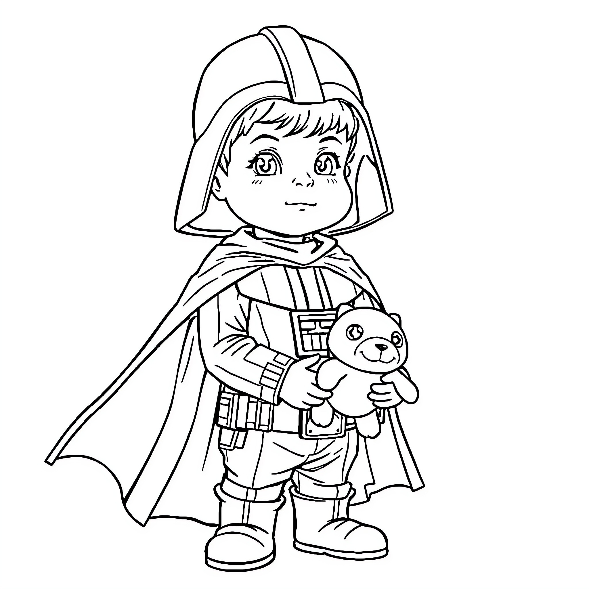 Boy dressed as Darth Vader holding toy doll Coloring Page (free black-and-white line drawing printable PDF for all, from beginners to advanced learners, including children, teens, adults, and seniors)