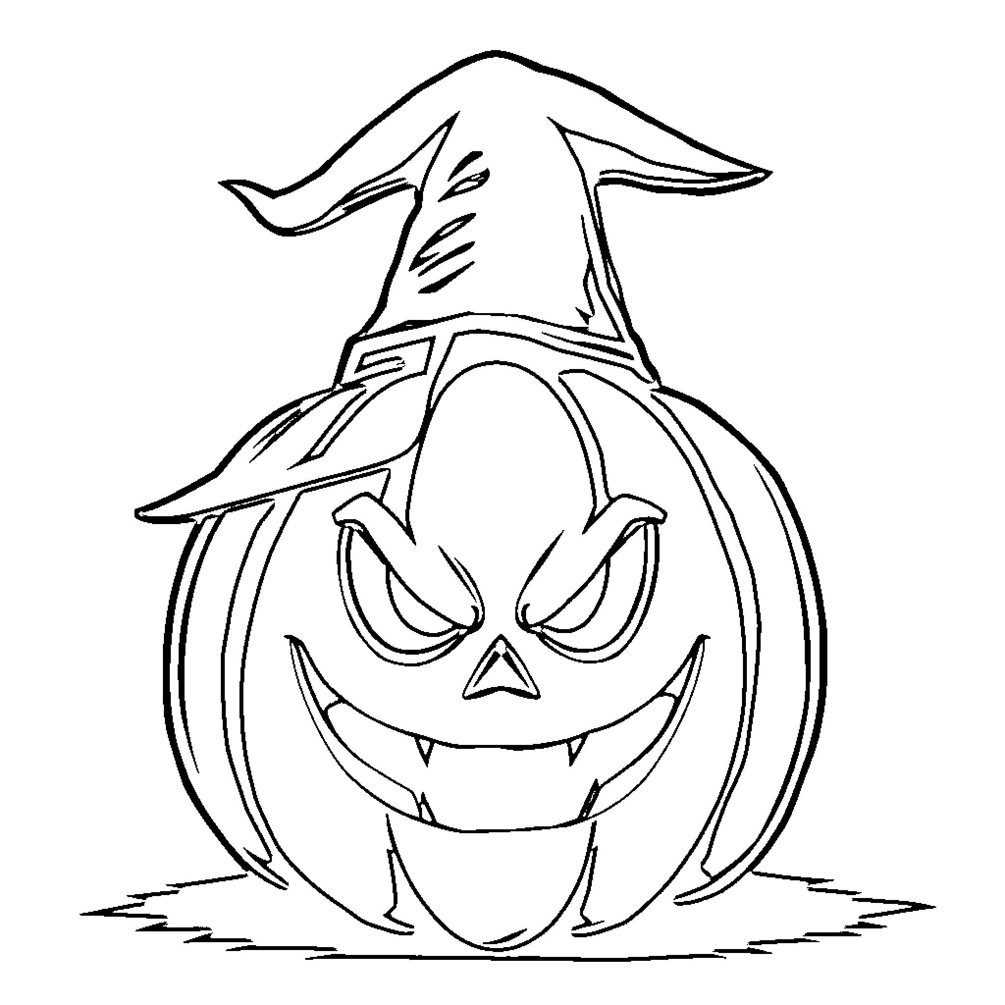 Pumpkin with Witch's Hat and Scary Expression Coloring Page (free black-and-white line drawing printable PDF for all, from beginners to advanced learners, including children, teens, adults, and seniors)