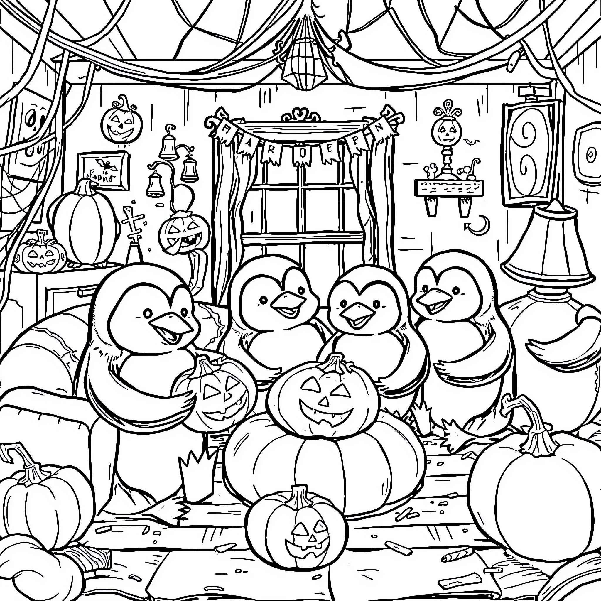 Penguin Pals Celebrate Halloween with Spooky Decor Coloring Page (free black-and-white line drawing printable PDF for all, from beginners to advanced learners, including children, teens, adults, and seniors)