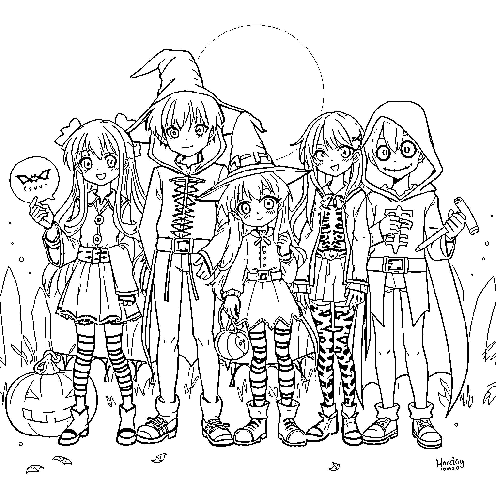 Anime Characters Celebrating Halloween Together Coloring Page (free black-and-white line drawing printable PDF for all, from beginners to advanced learners, including children, teens, adults, and seniors)