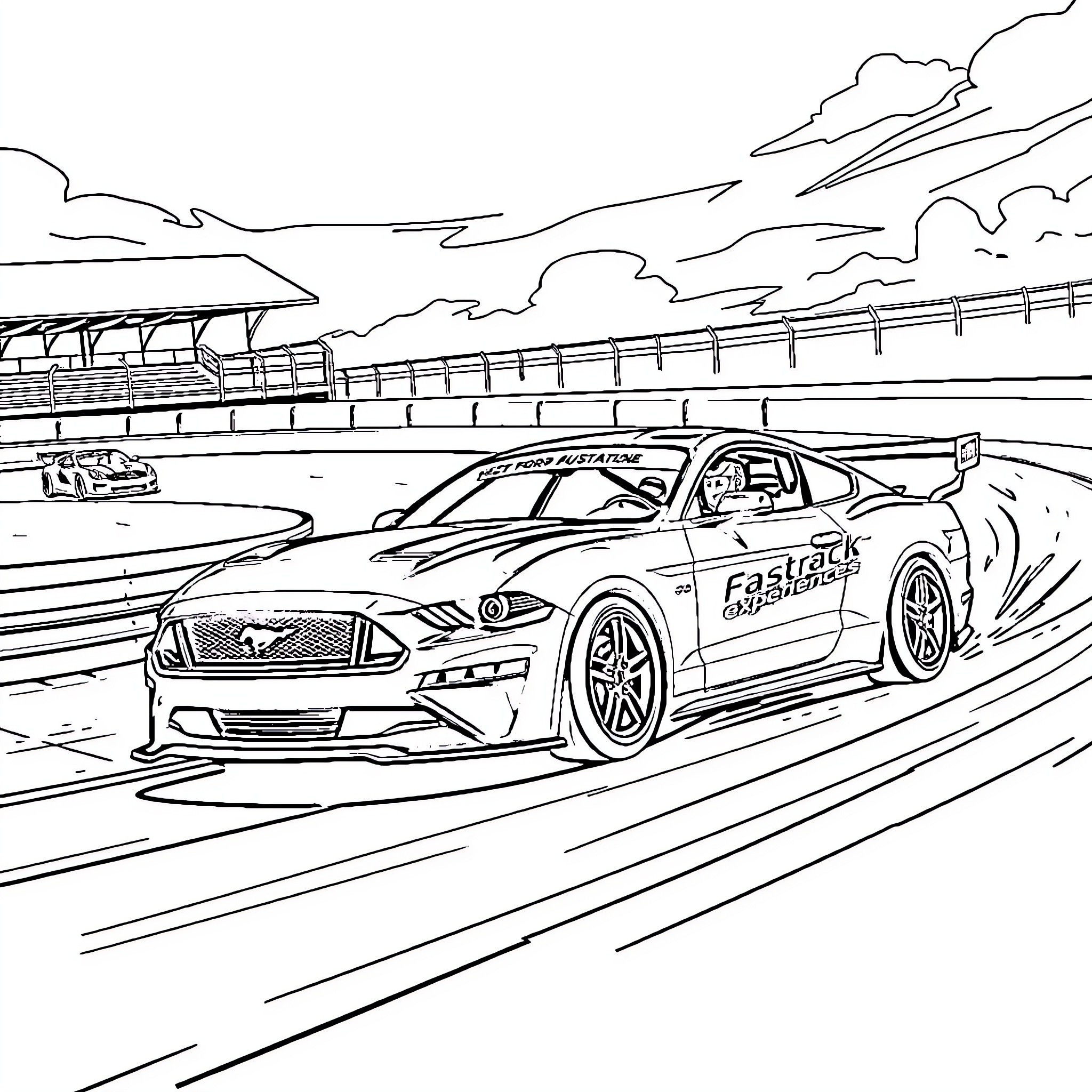 Ford Mustang racing on a track Coloring Page (free black-and-white line drawing printable PDF for all, from beginners to advanced learners, including children, teens, adults, and seniors)