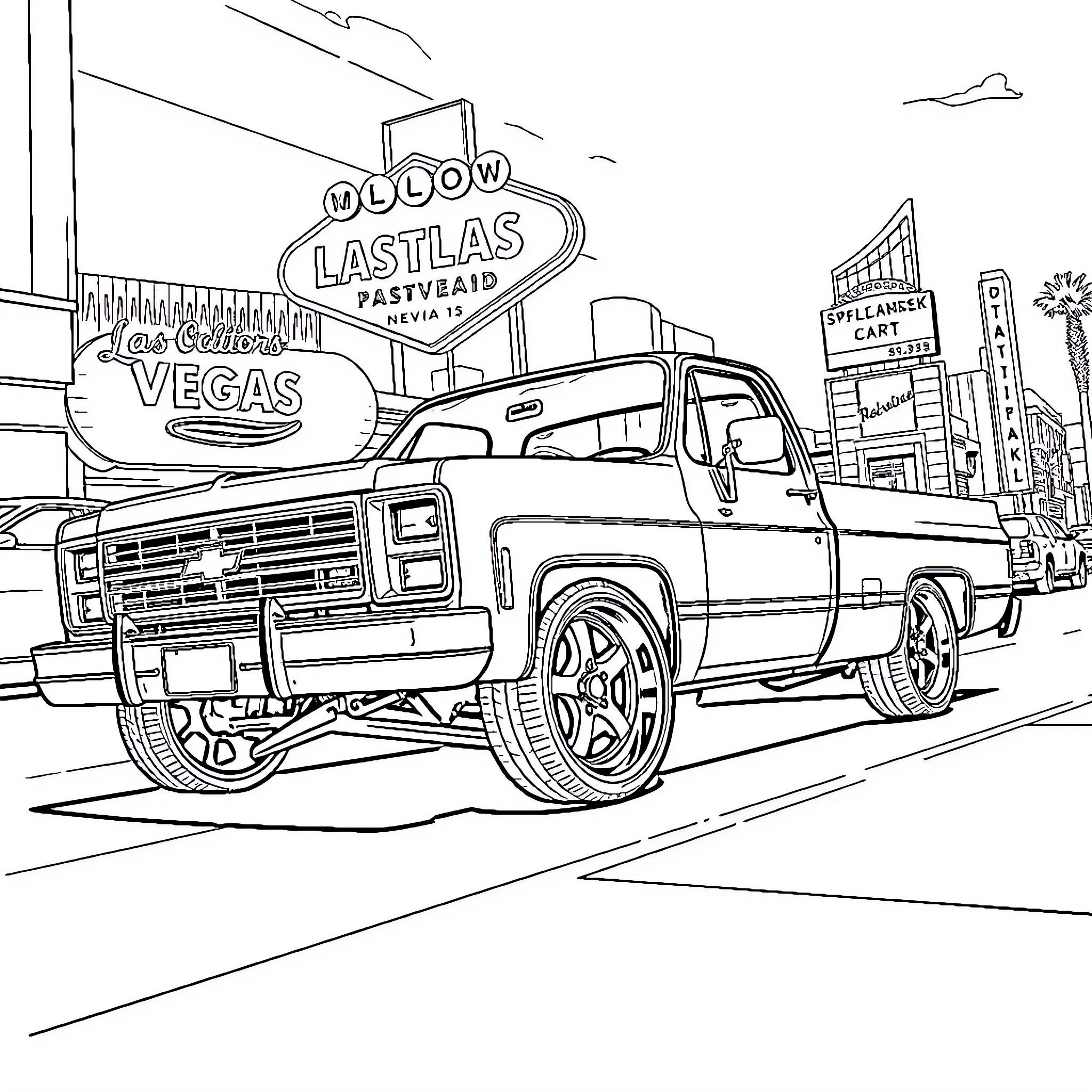 Chevy Pickup in Bustling Las Vegas Scene Coloring Page (free black-and-white line drawing printable PDF for all, from beginners to advanced learners, including children, teens, adults, and seniors)