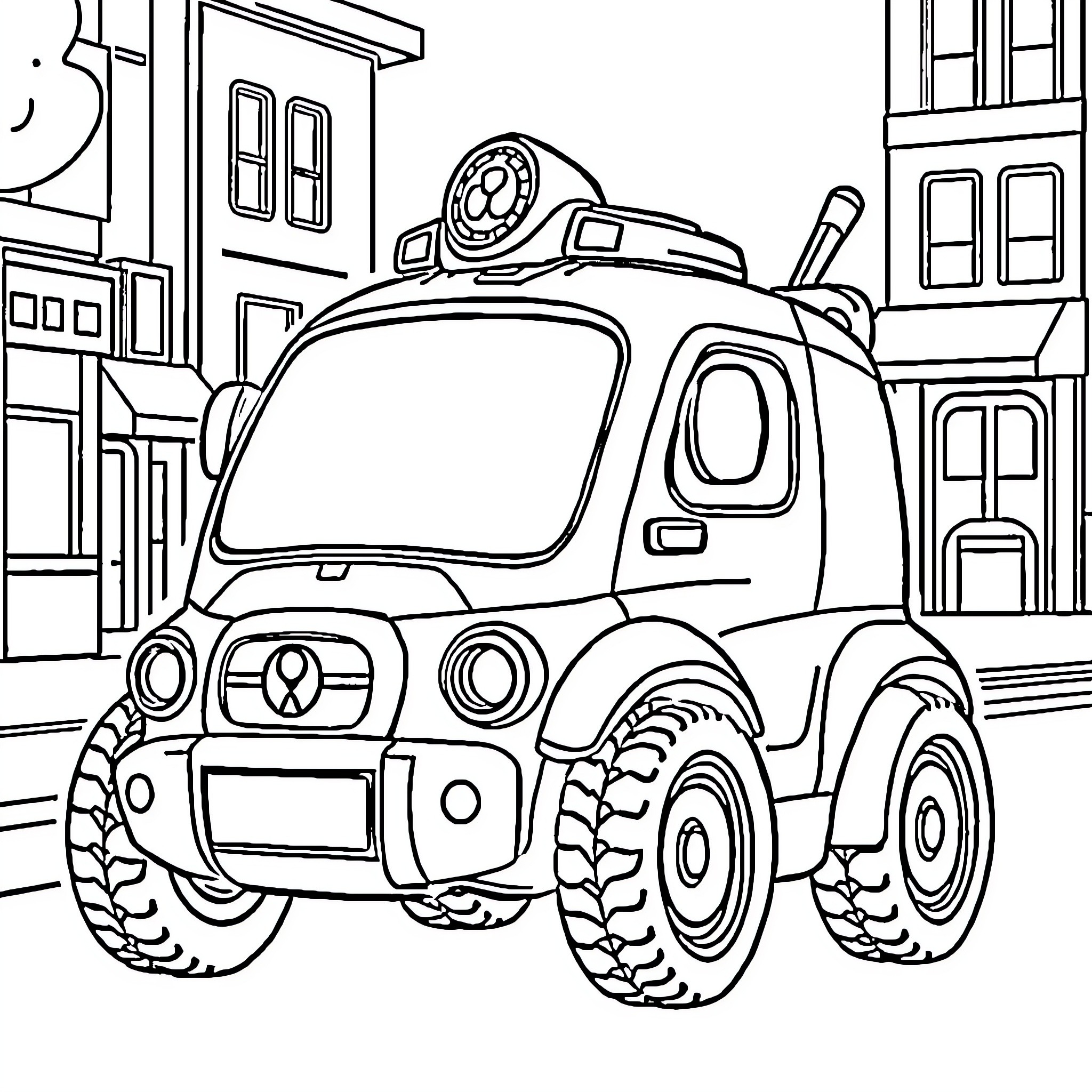 Robocar Poli on a city street Coloring Page (free black-and-white line drawing printable PDF for all, from beginners to advanced learners, including children, teens, adults, and seniors)