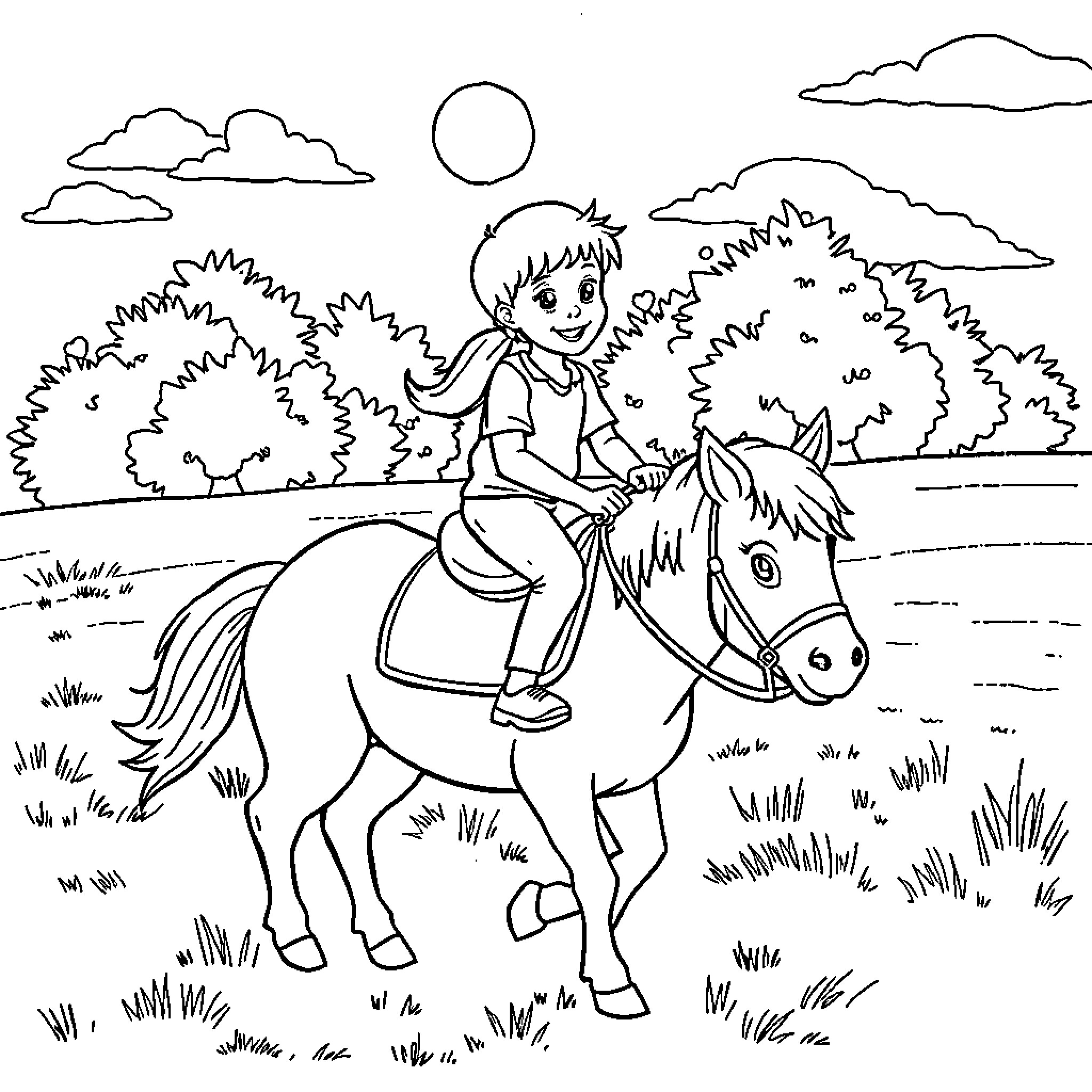 Pony riding adventure in nature Coloring Page (free black-and-white line drawing printable PDF for all, from beginners to advanced learners, including children, teens, adults, and seniors)
