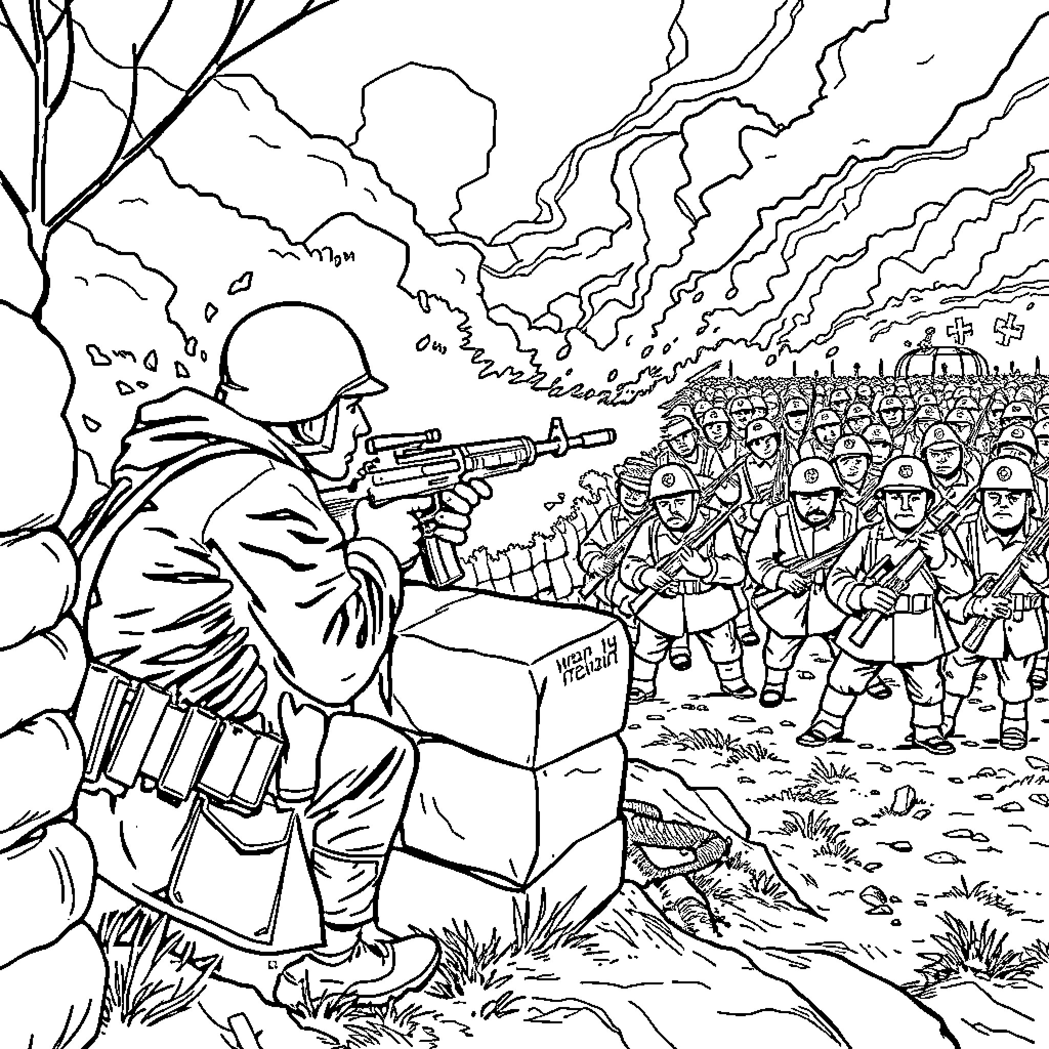 Soviet Soldier Fighting Bravely in the Battle Coloring Page (free black-and-white line drawing printable PDF for all, from beginners to advanced learners, including children, teens, adults, and seniors)