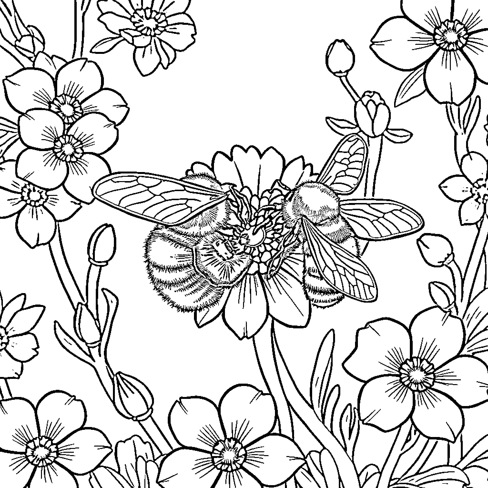 Bee exploring colorful spring flowers Coloring Page (free black-and-white line drawing printable PDF for all, from beginners to advanced learners, including children, teens, adults, and seniors)