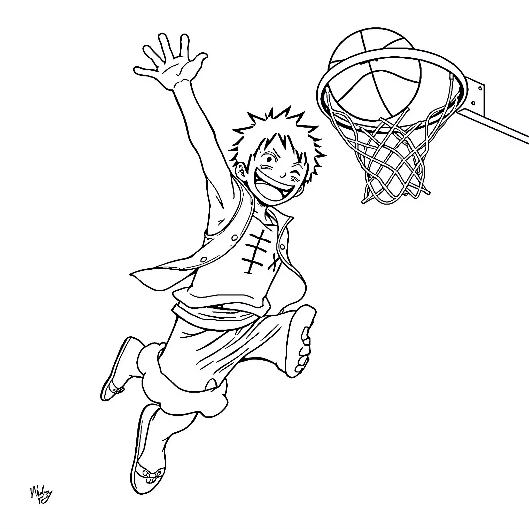 Luffy Dunking the Basketball with Excitement Coloring Page (free black-and-white line drawing printable PDF for all, from beginners to advanced learners, including children, teens, adults, and seniors)
