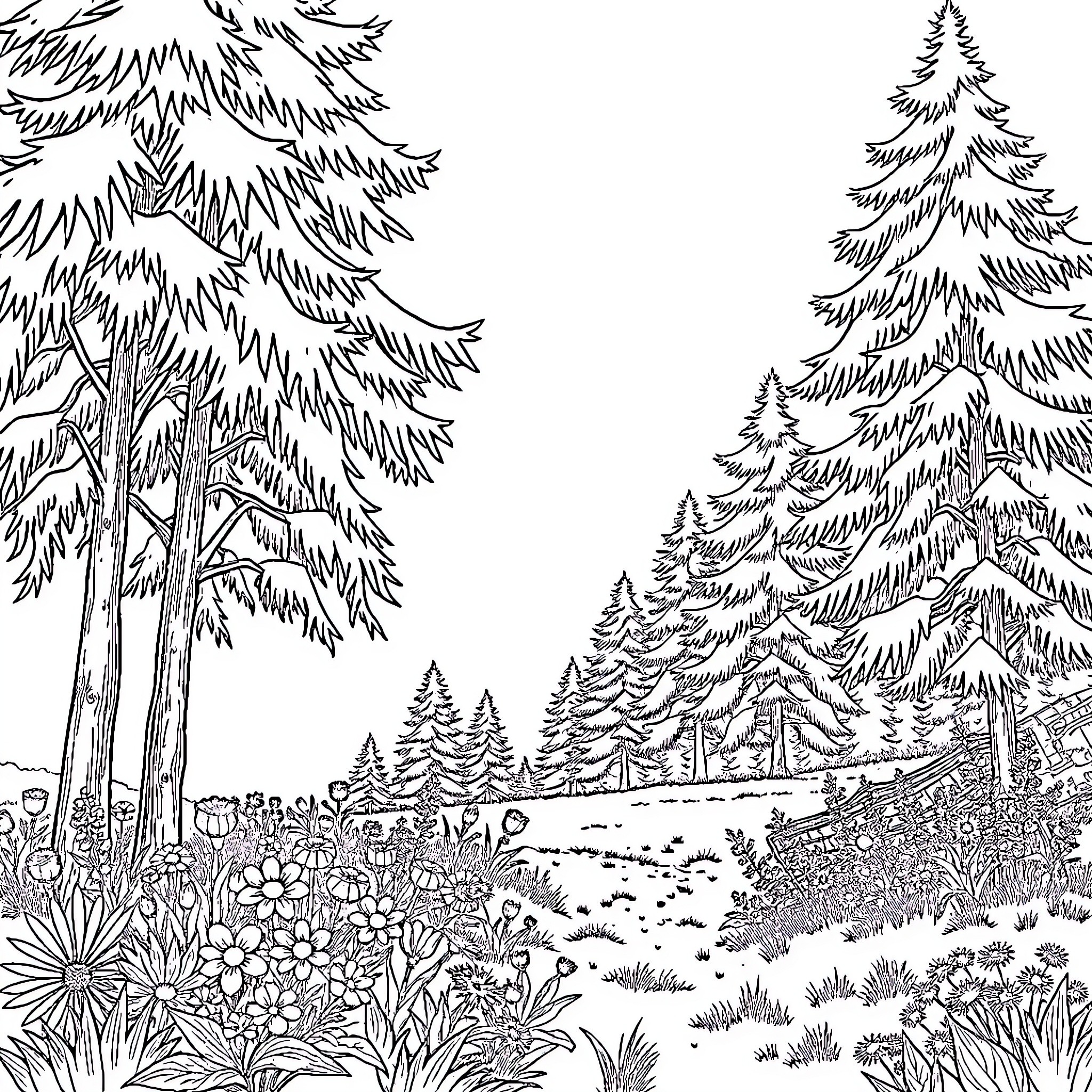 Nature's Vibrant Forest Landscape Coloring Page (free black-and-white line drawing printable PDF for all, from beginners to advanced learners, including children, teens, adults, and seniors)