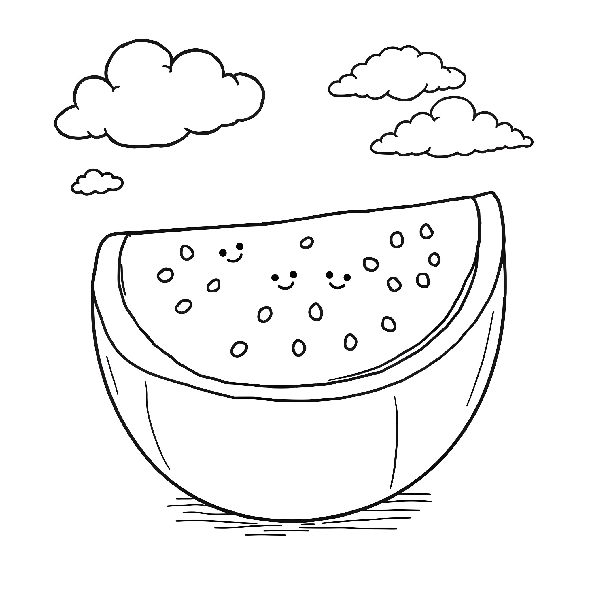 Watermelon Slice Basking in the Clouds Coloring Page (free black-and-white line drawing printable PDF for all, from beginners to advanced learners, including children, teens, adults, and seniors)