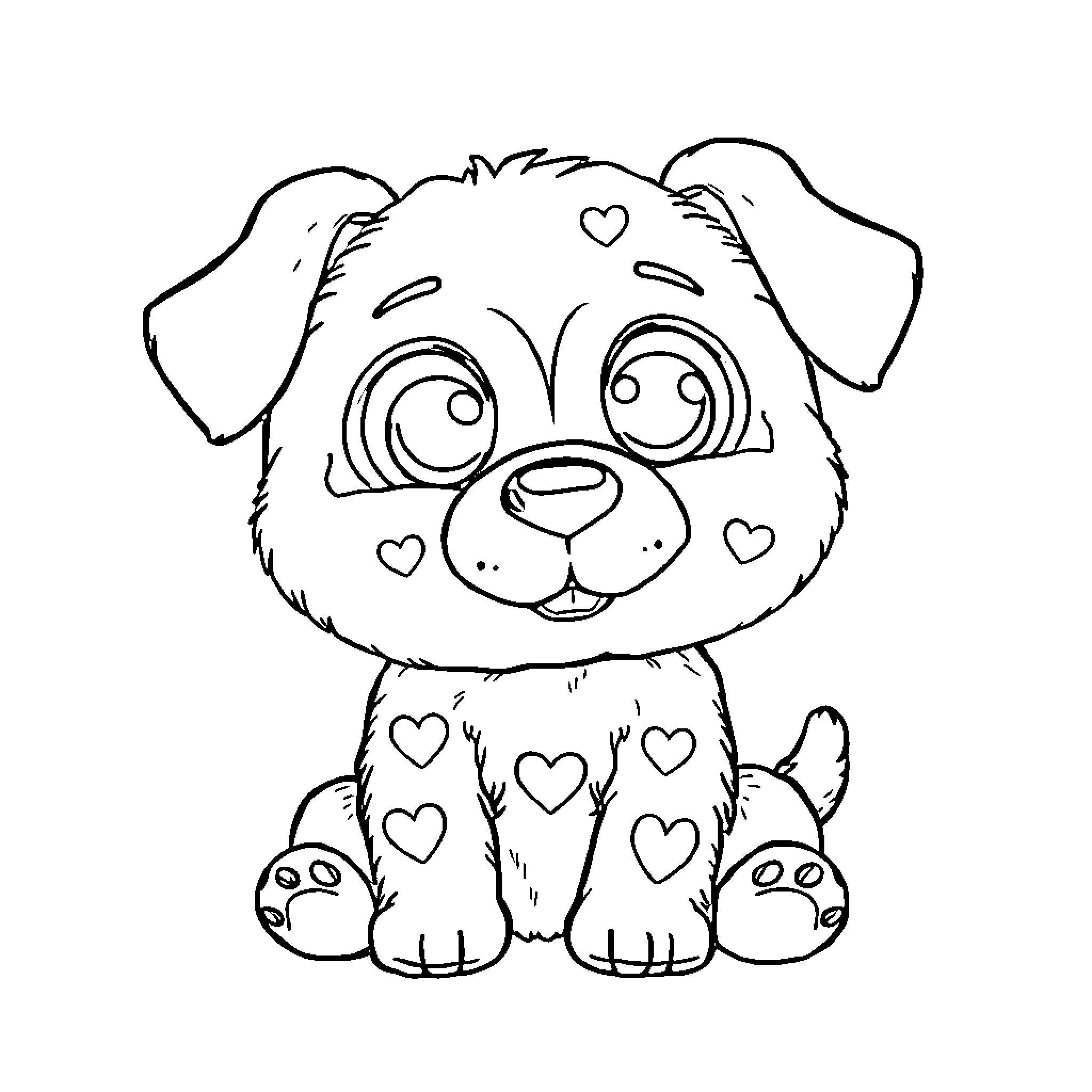 Puppy with big eyes and heart shapes Coloring Page (free black-and-white line drawing printable PDF for all, from beginners to advanced learners, including children, teens, adults, and seniors)