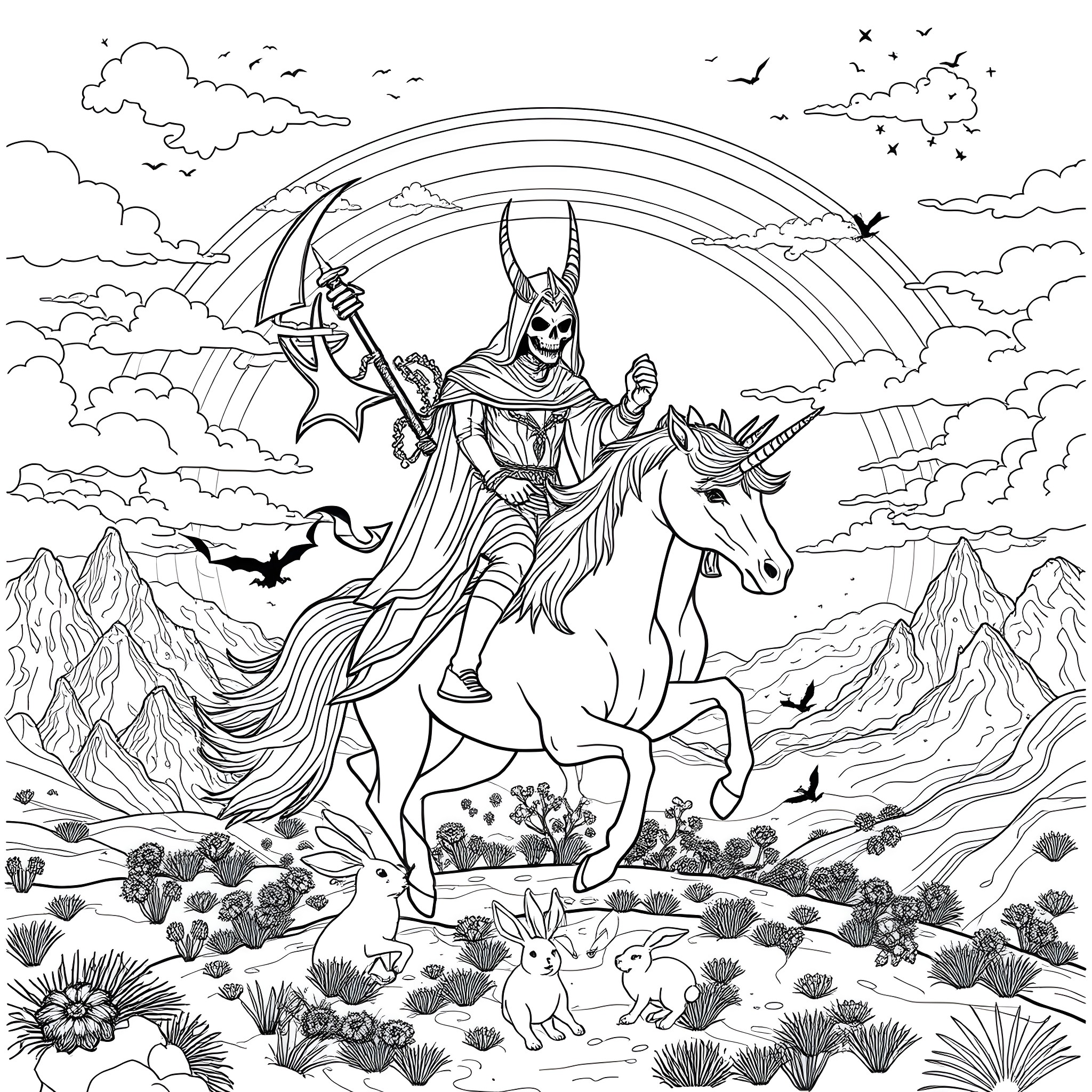 Grim Reaper riding a unicorn through a fantastical landscape Coloring Page (free black-and-white line drawing printable PDF for all, from beginners to advanced learners, including children, teens, adults, and seniors)