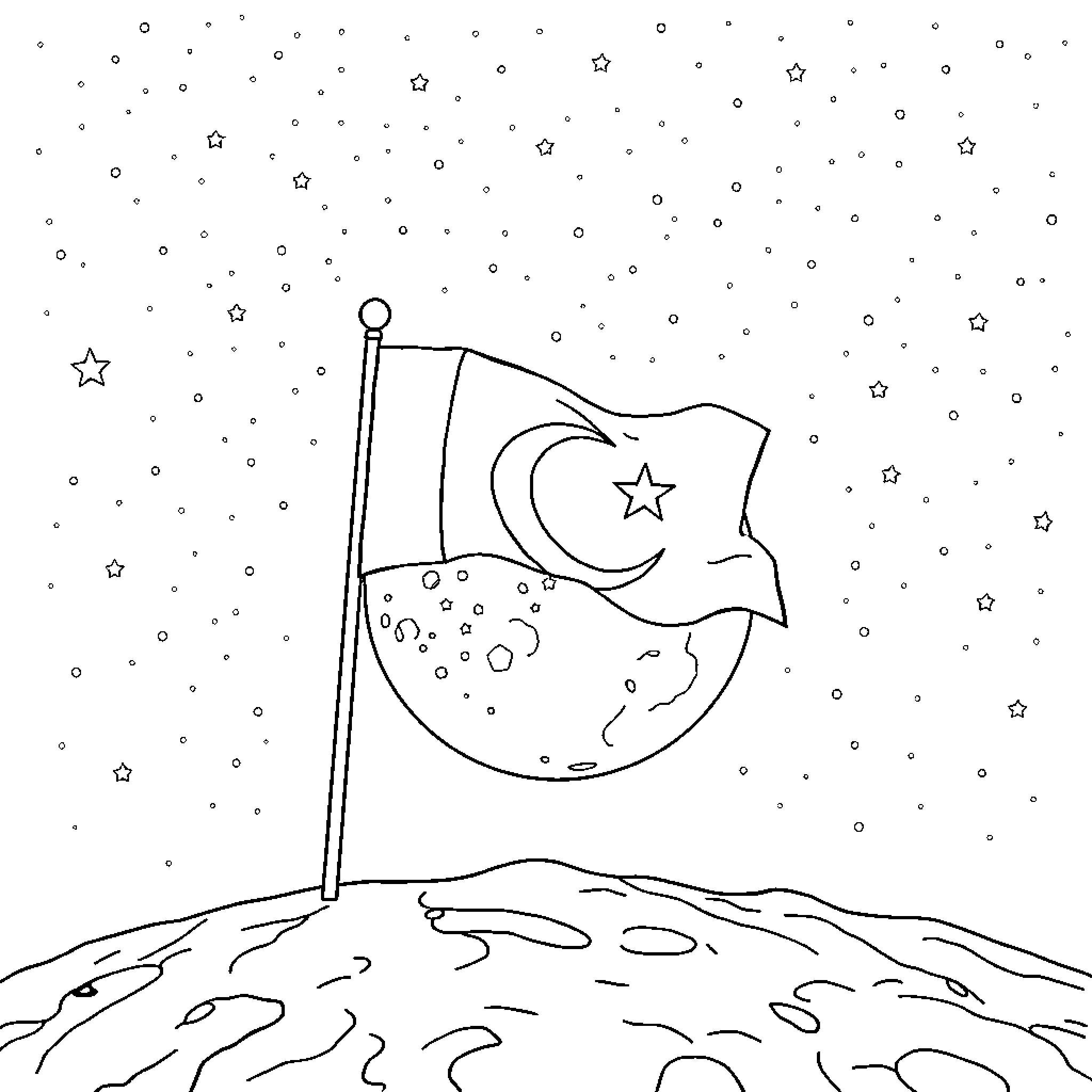 Flag waving in the starry night Coloring Page (free black-and-white line drawing printable PDF for all, from beginners to advanced learners, including children, teens, adults, and seniors)