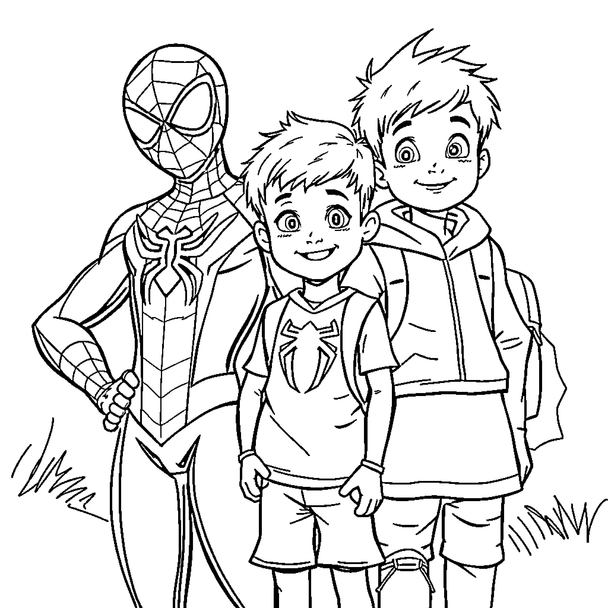 Spider-Man posing with two young boys Coloring Page (free black-and-white line drawing printable PDF for all, from beginners to advanced learners, including children, teens, adults, and seniors)