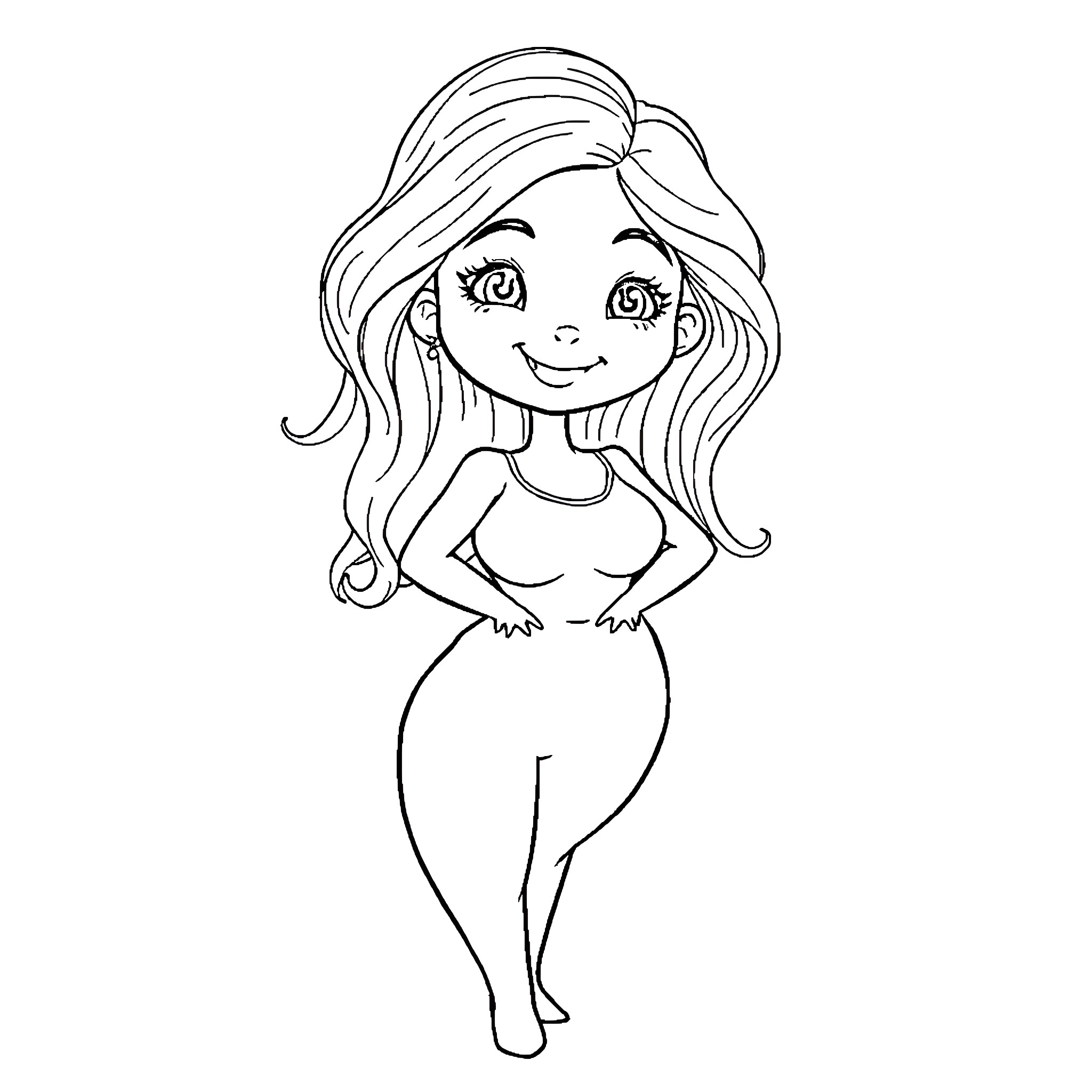 Girl in happy, confident pose Coloring Page (free black-and-white line drawing printable PDF for all, from beginners to advanced learners, including children, teens, adults, and seniors)