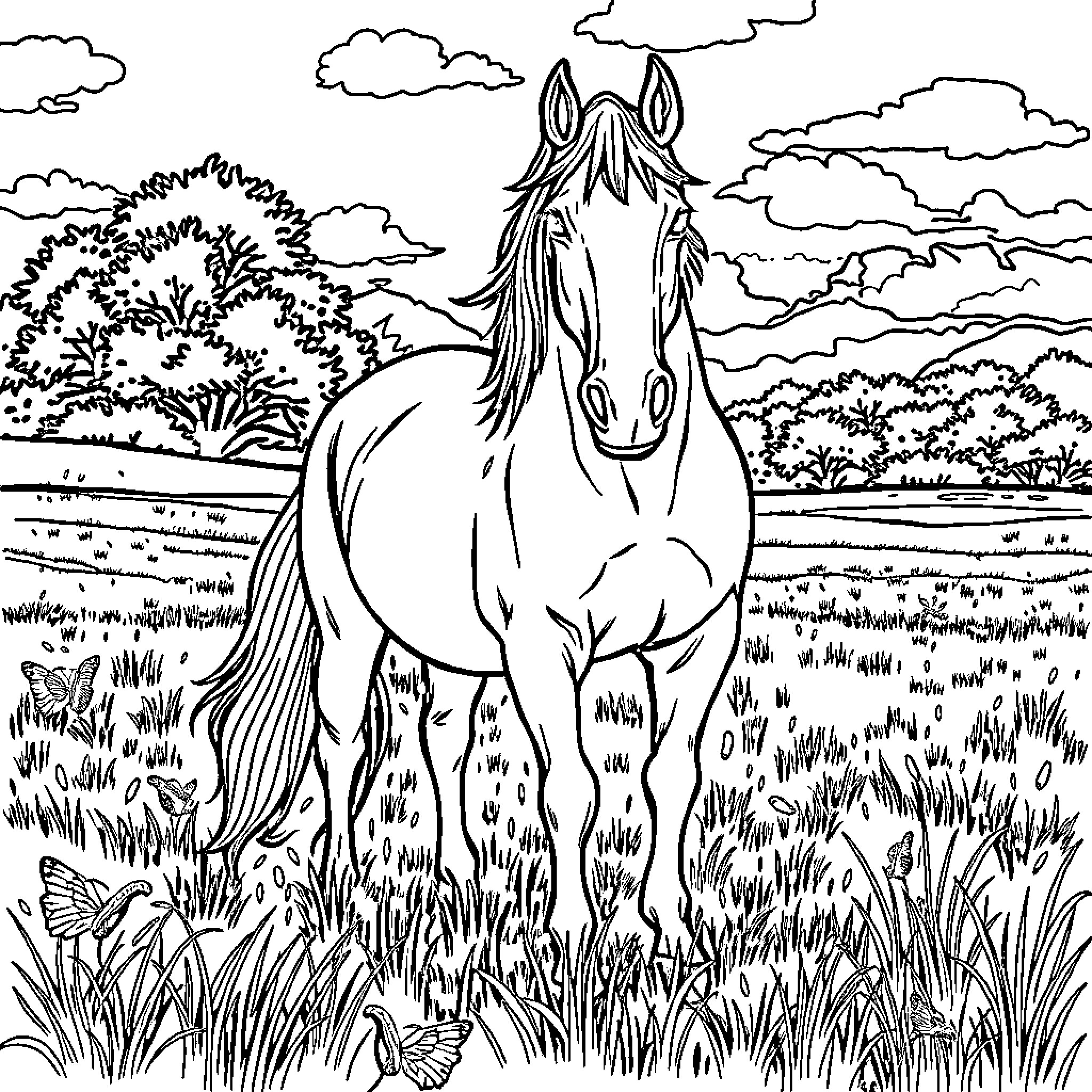 Horse standing calmly in a scenic meadow Coloring Page (free black-and-white line drawing printable PDF for all, from beginners to advanced learners, including children, teens, adults, and seniors)