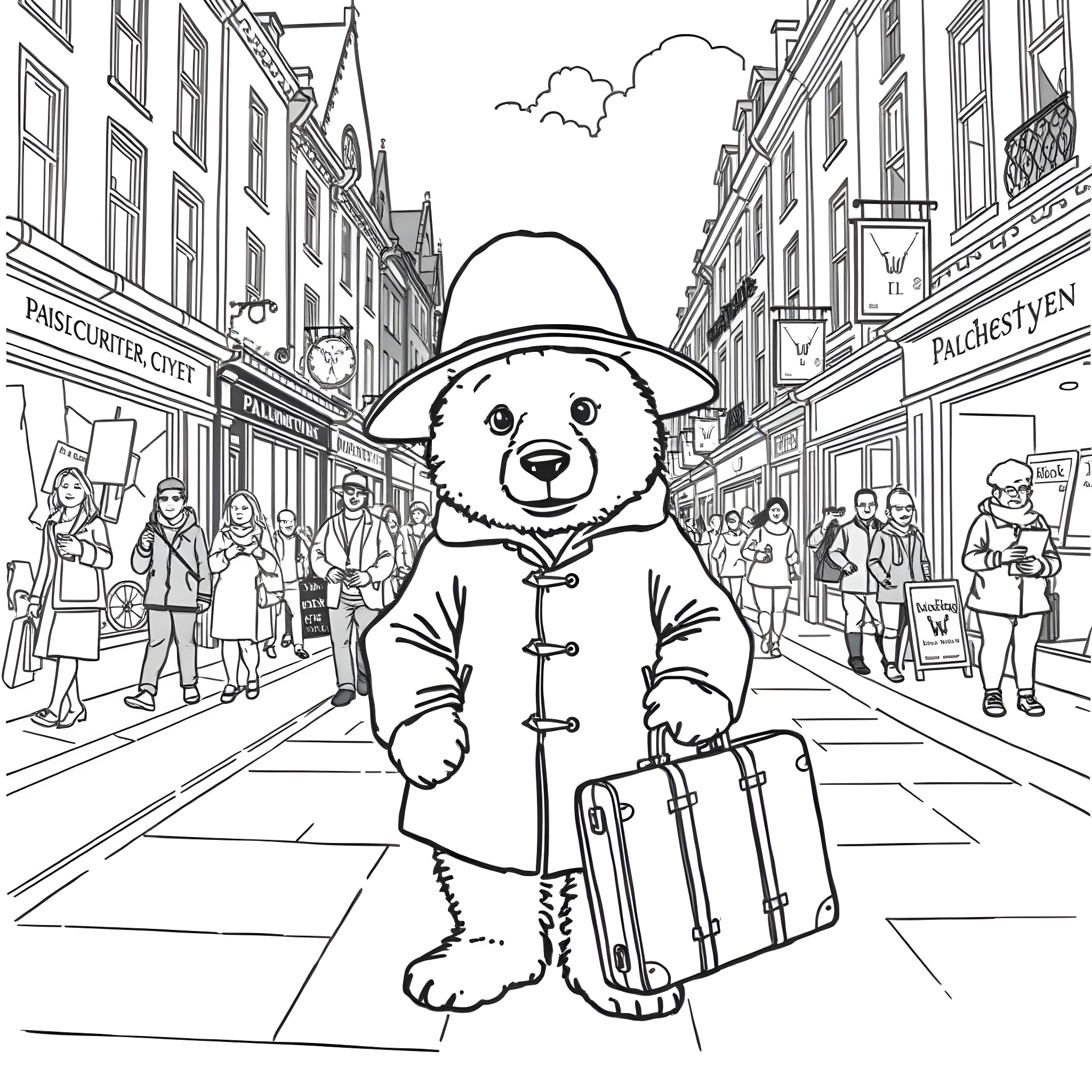 Paddington Bear exploring the city streets Coloring Page (free black-and-white line drawing printable PDF for all, from beginners to advanced learners, including children, teens, adults, and seniors)