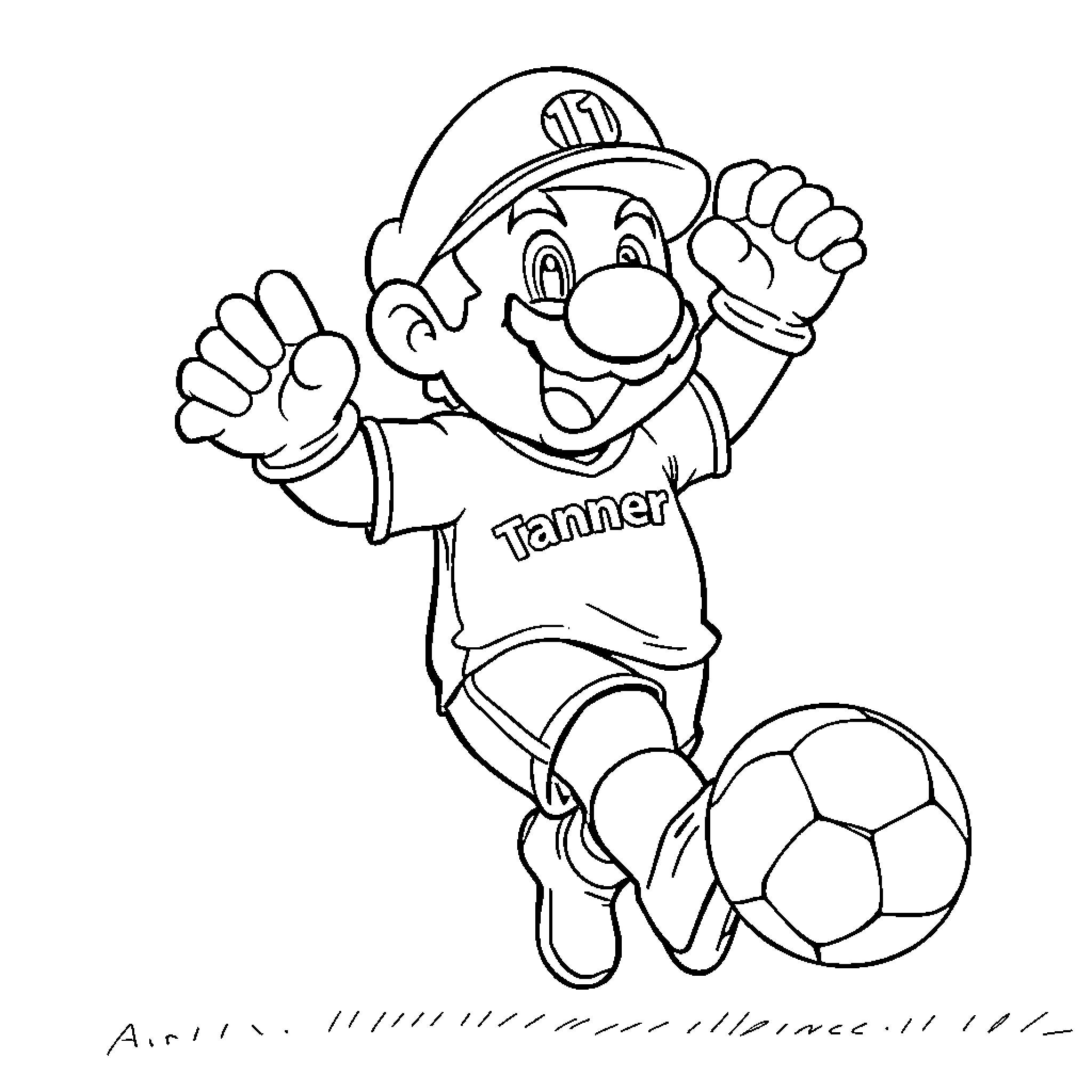 Mario the Soccer Player Celebrates on the Field Coloring Page (free black-and-white line drawing printable PDF for all, from beginners to advanced learners, including children, teens, adults, and seniors)