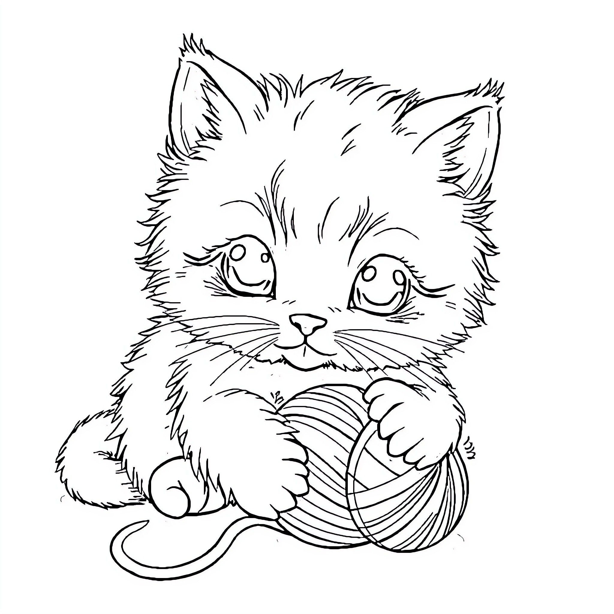 Kitty Playing with Yarn Coloring Page (free black-and-white line drawing printable PDF for all, from beginners to advanced learners, including children, teens, adults, and seniors)