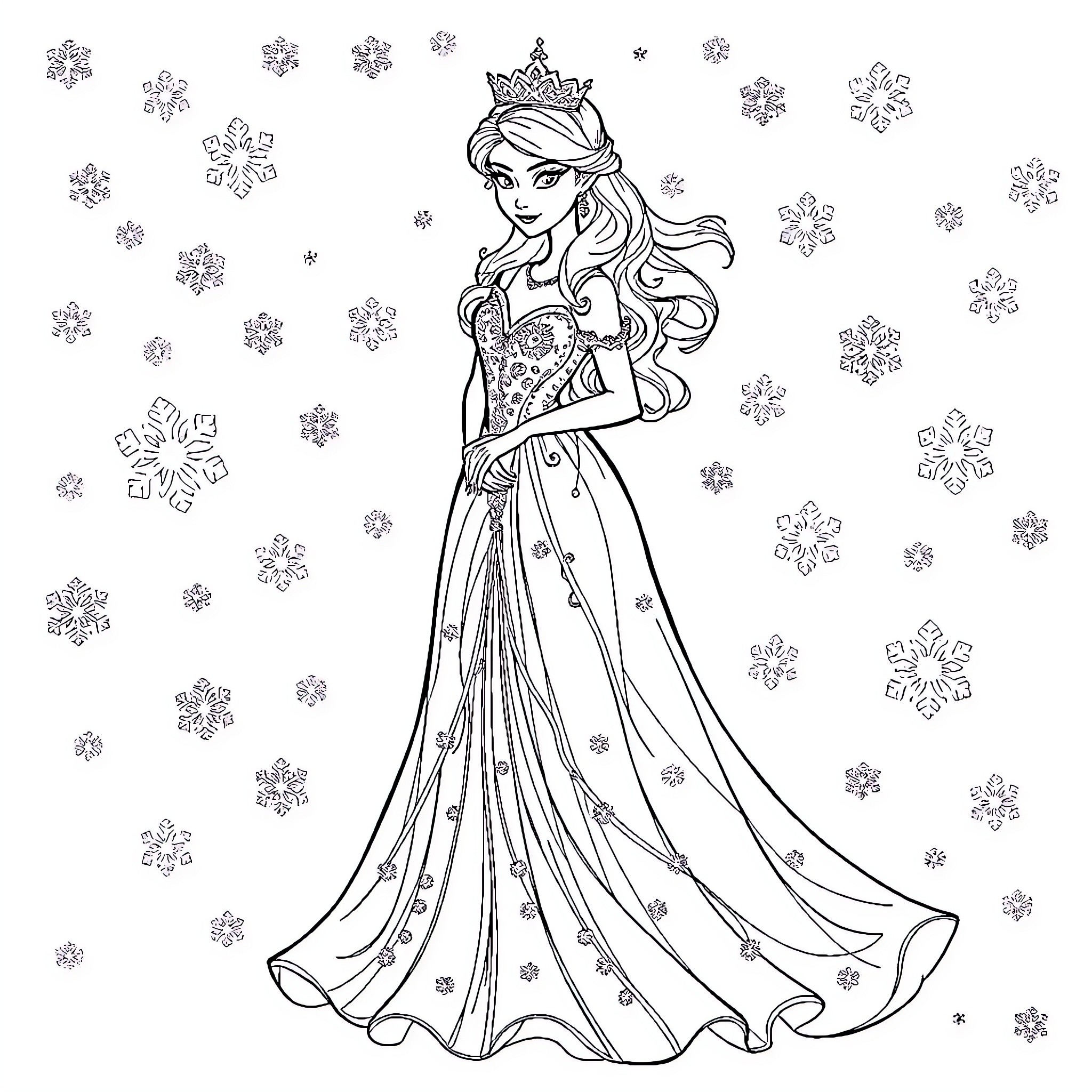 Snow Queen in Elegant Dress Amid Snowflakes Coloring Page (free black-and-white line drawing printable PDF for all, from beginners to advanced learners, including children, teens, adults, and seniors)