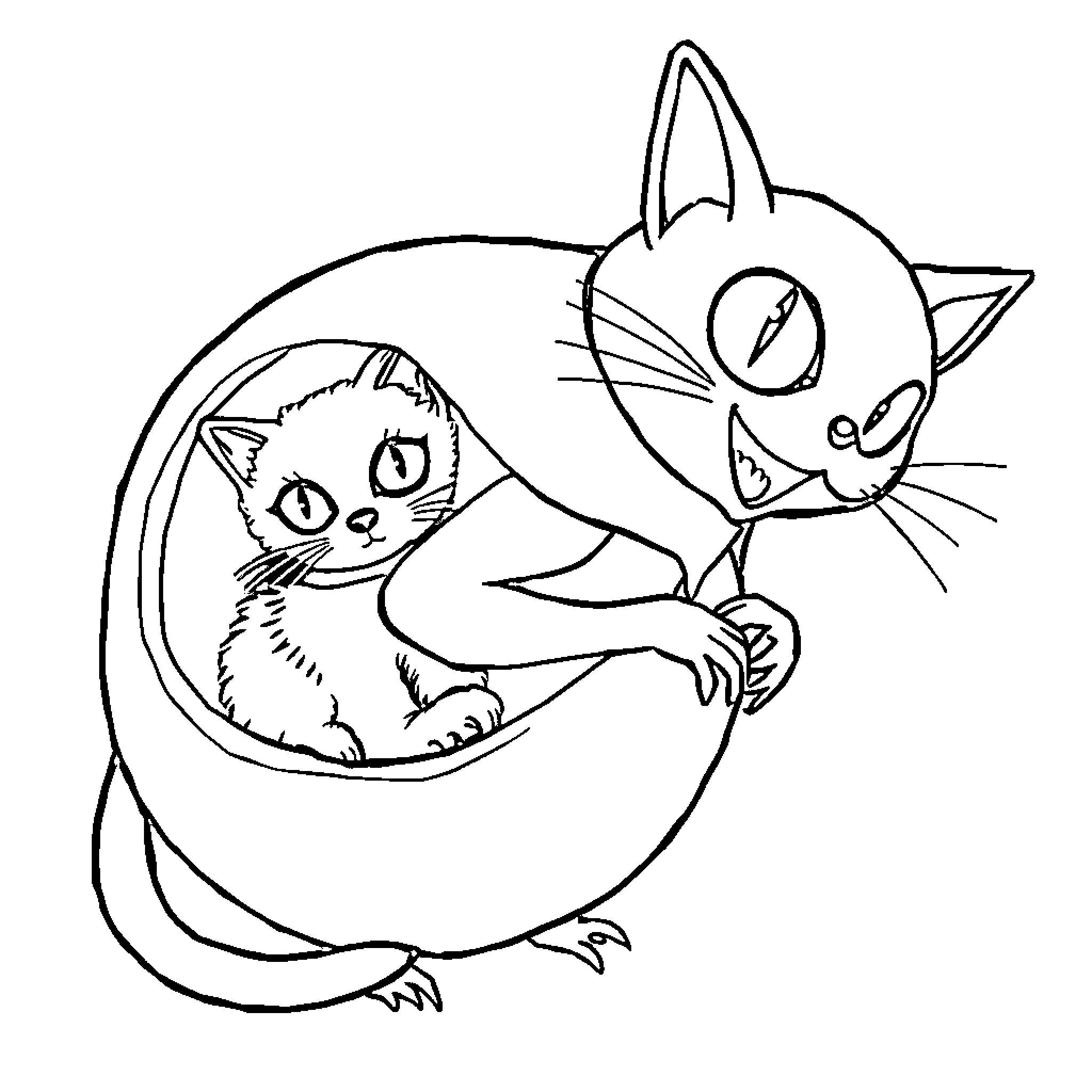 Pumpkin cats playing with each other Coloring Page (free black-and-white line drawing printable PDF for all, from beginners to advanced learners, including children, teens, adults, and seniors)