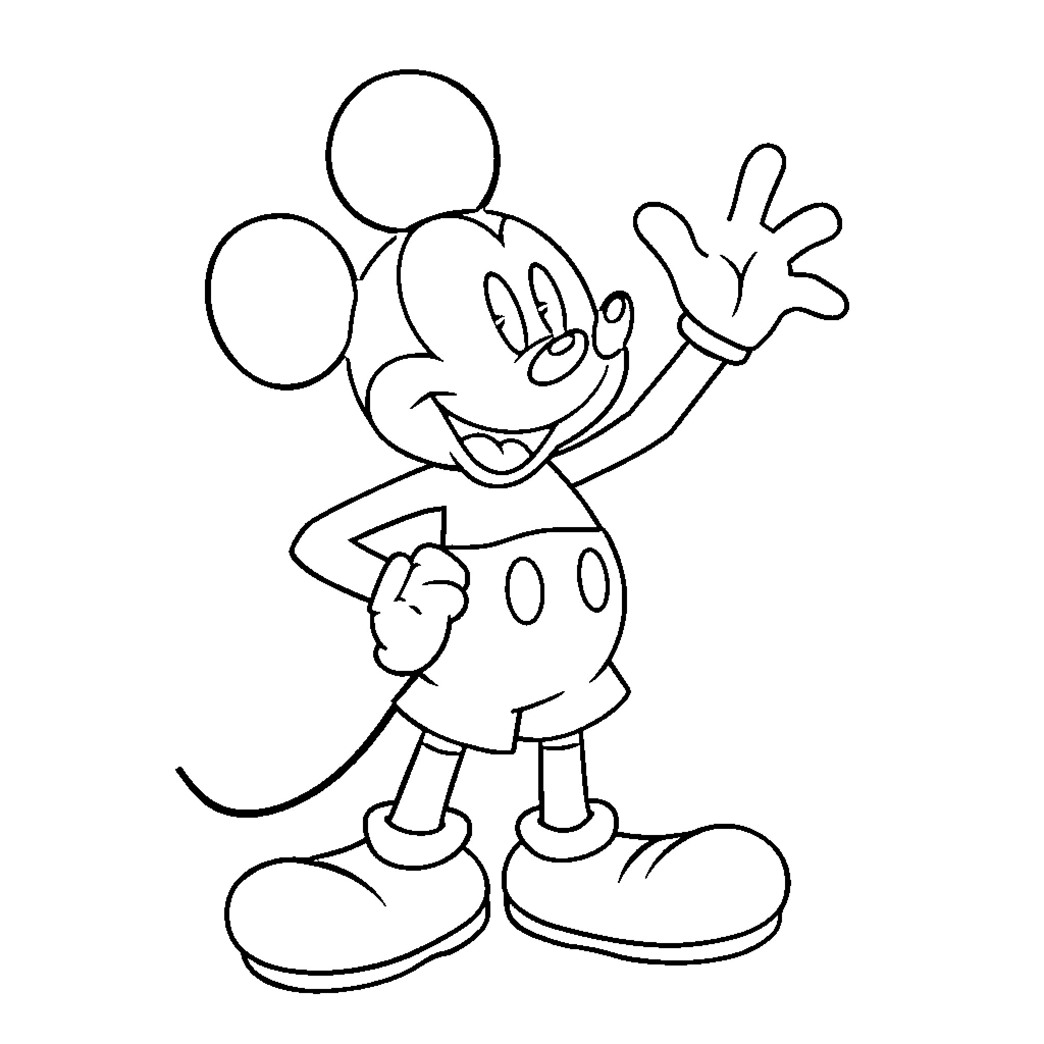 Mickey Mouse waving and smiling cheerfully Coloring Page (free black-and-white line drawing printable PDF for all, from beginners to advanced learners, including children, teens, adults, and seniors)