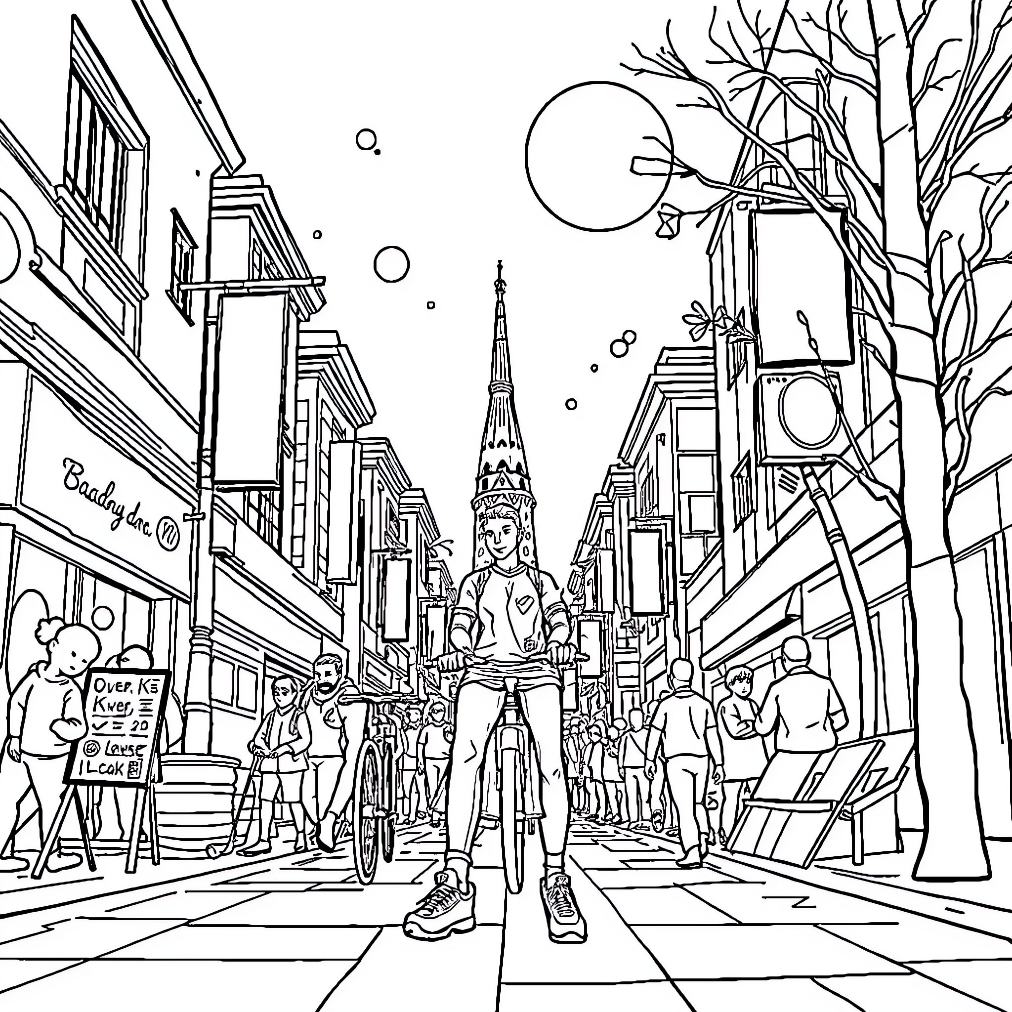 Sausage Vendor Navigating the Vibrant City Street Coloring Page (free black-and-white line drawing printable PDF for all, from beginners to advanced learners, including children, teens, adults, and seniors)