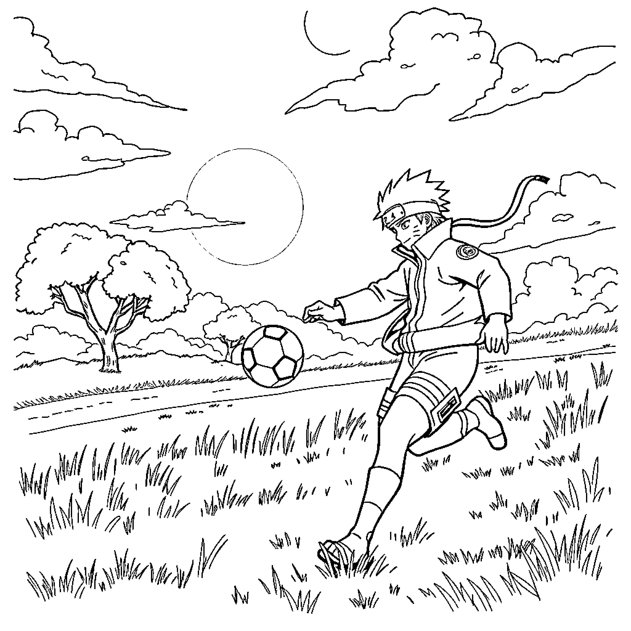 Naruto playing soccer in a serene outdoor scene Coloring Page (free black-and-white line drawing printable PDF for all, from beginners to advanced learners, including children, teens, adults, and seniors)