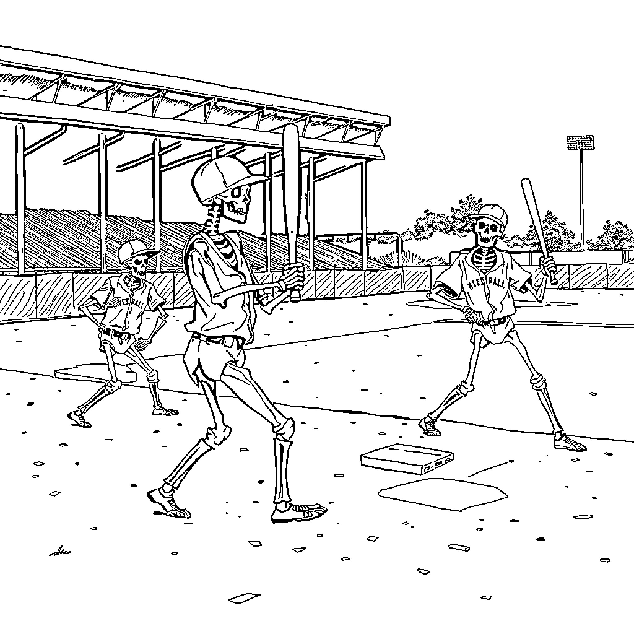 Skeleton baseball players in action on field Coloring Page (free black-and-white line drawing printable PDF for all, from beginners to advanced learners, including children, teens, adults, and seniors)