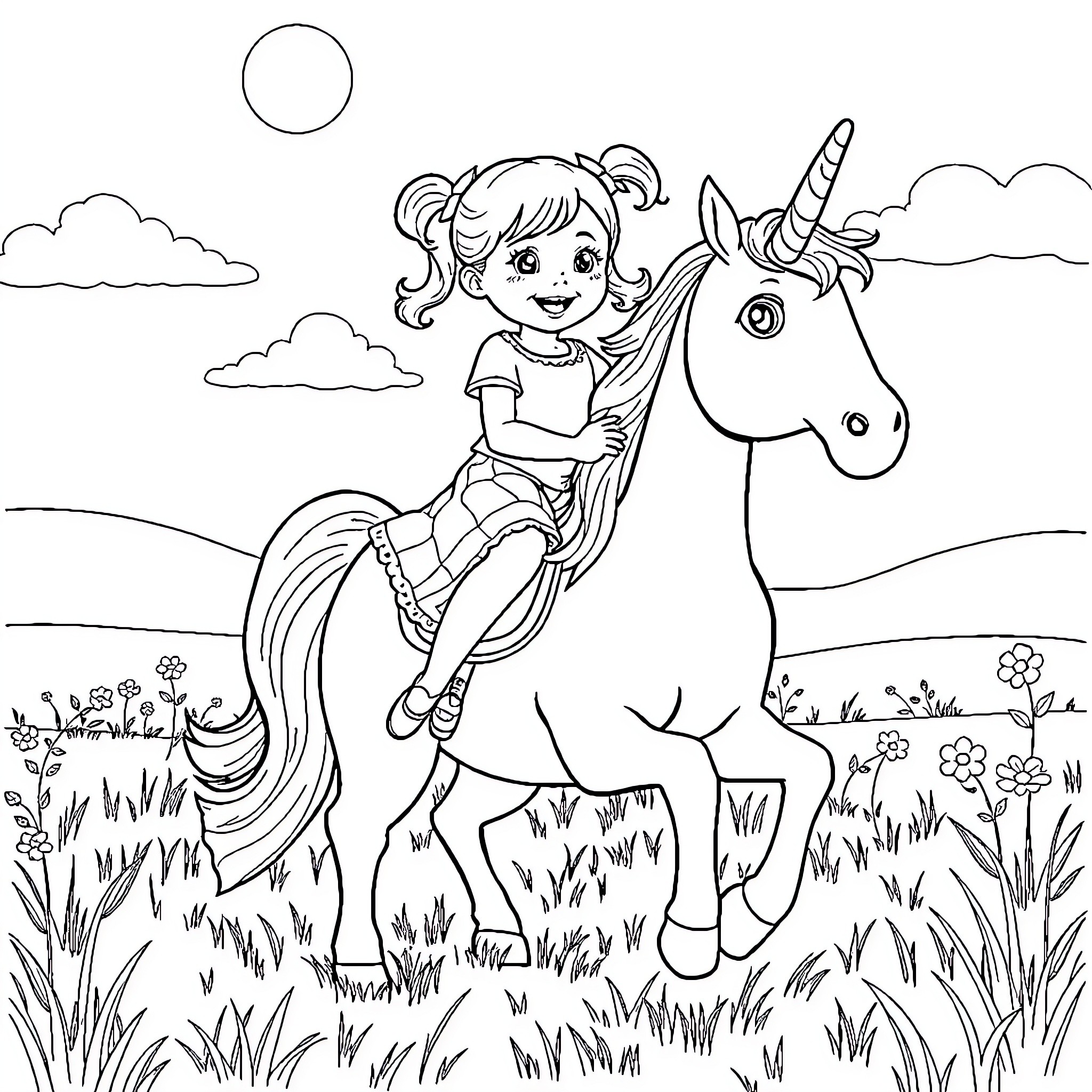 Unicorn ride through the meadow Coloring Page (free black-and-white line drawing printable PDF for all, from beginners to advanced learners, including children, teens, adults, and seniors)