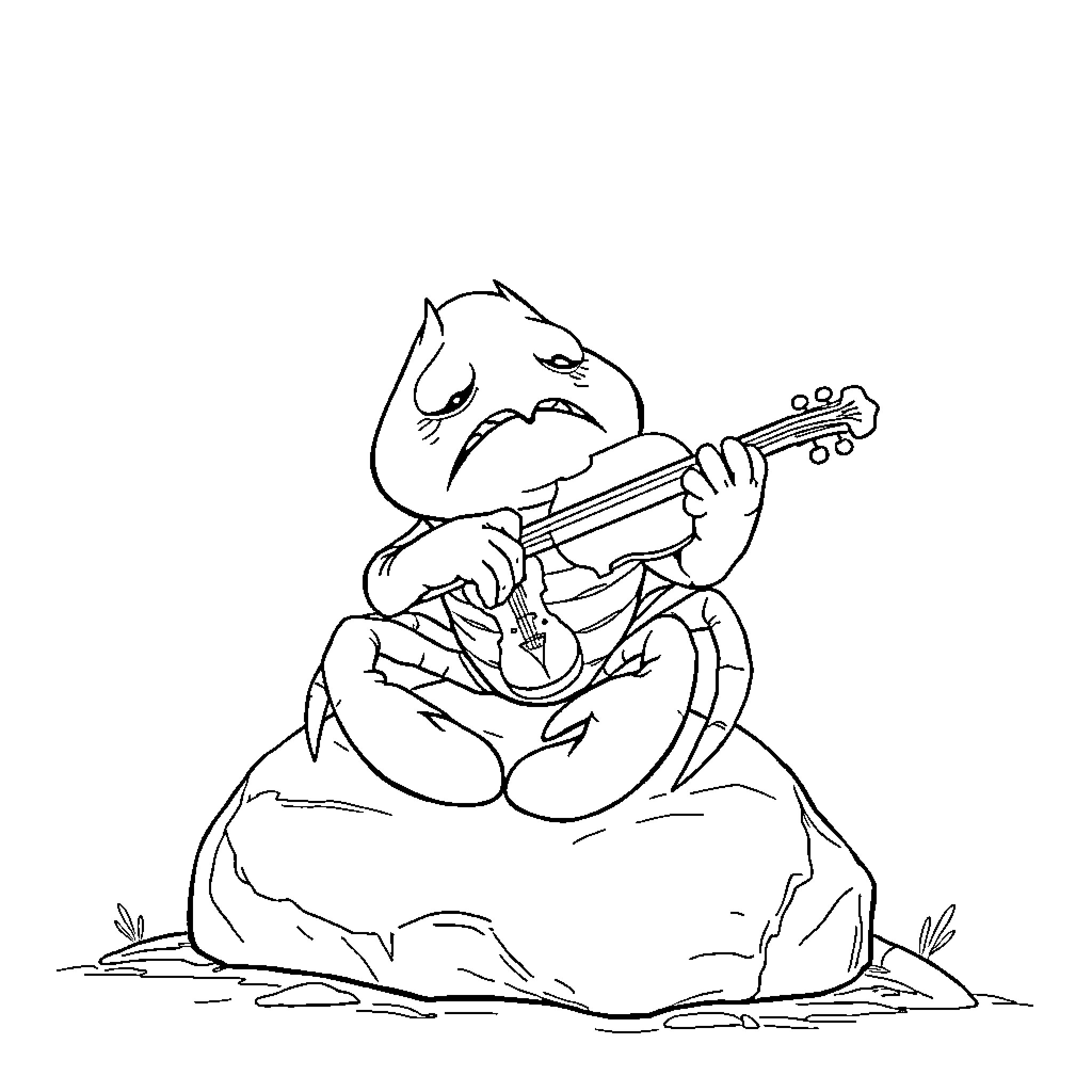 Lobster playing guitar on a rock Coloring Page (free black-and-white line drawing printable PDF for all, from beginners to advanced learners, including children, teens, adults, and seniors)