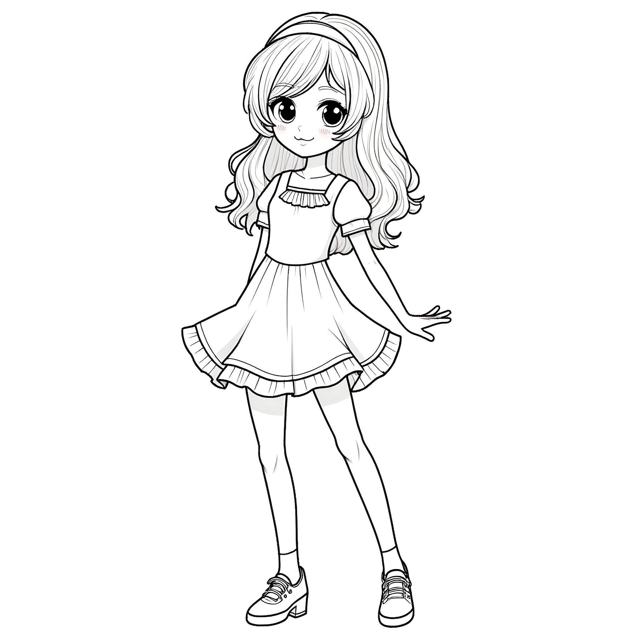 Anime Girl in Casual Outfit Posing Cheerfully Coloring Page (free black-and-white line drawing printable PDF for all, from beginners to advanced learners, including children, teens, adults, and seniors)
