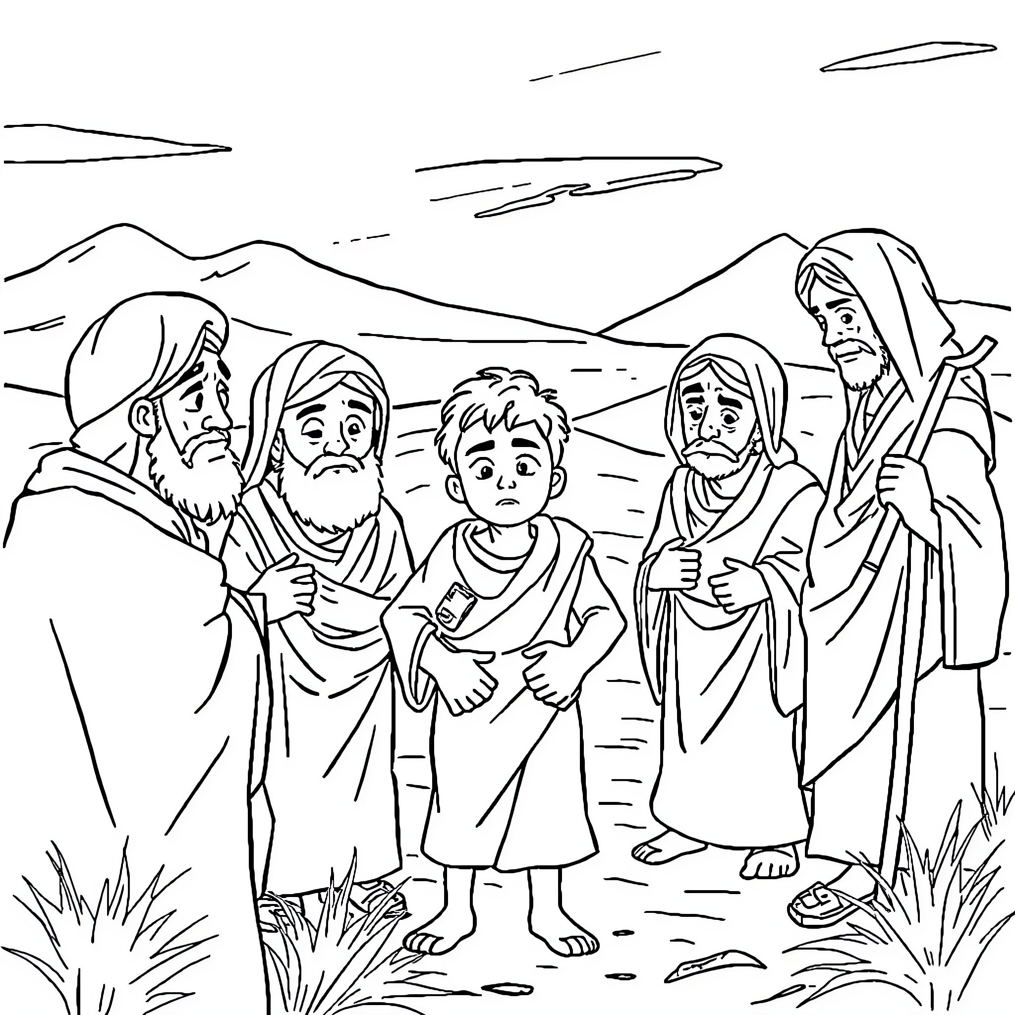 Joseph Comforts His Brothers in the Wilderness Coloring Page (free black-and-white line drawing printable PDF for all, from beginners to advanced learners, including children, teens, adults, and seniors)