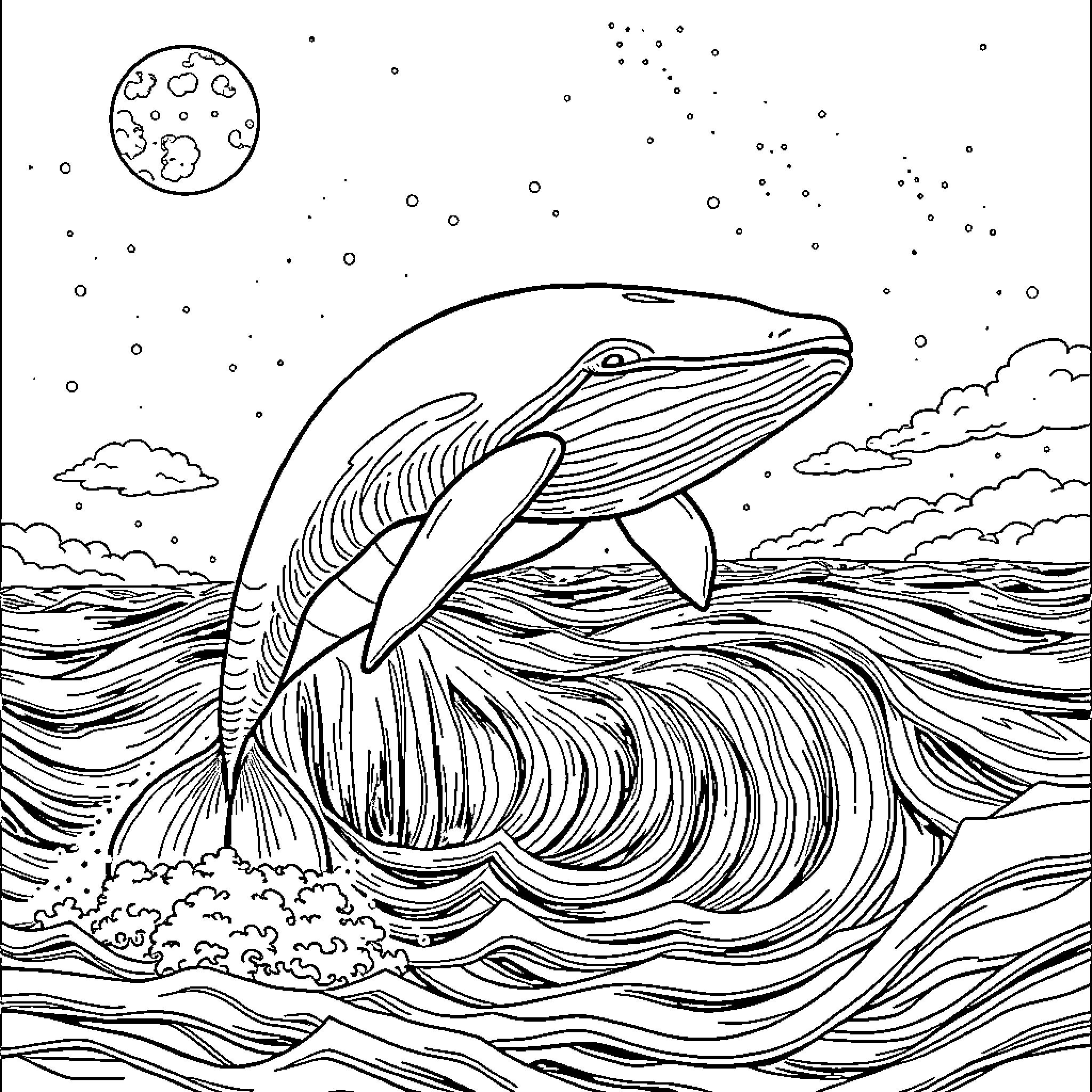 Ballena emerging majestically from the waves under the night sky Coloring Page (free black-and-white line drawing printable PDF for all, from beginners to advanced learners, including children, teens, adults, and seniors)