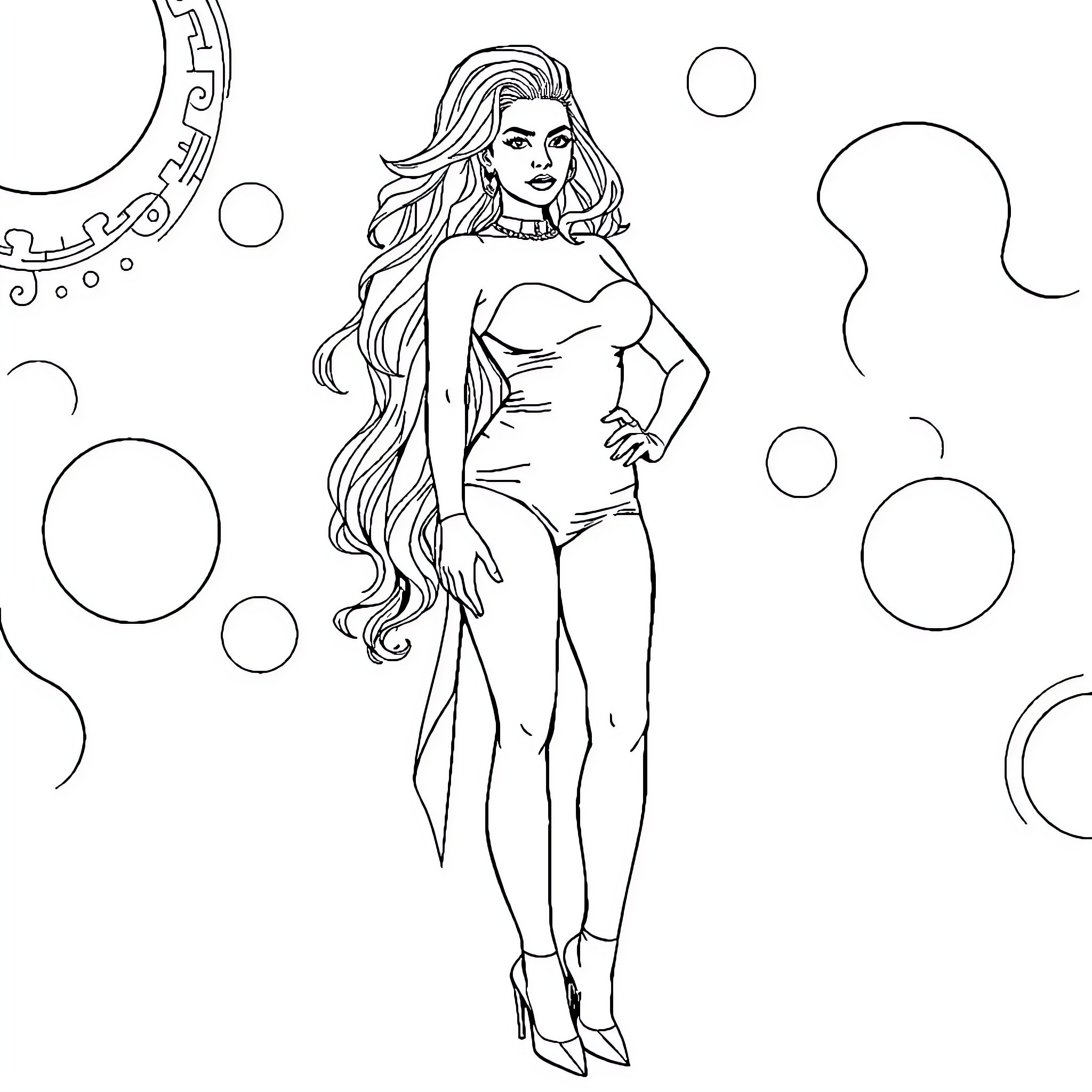 Lady Gaga's Fashionable Posing in Geometric Backdrop Coloring Page (free black-and-white line drawing printable PDF for all, from beginners to advanced learners, including children, teens, adults, and seniors)