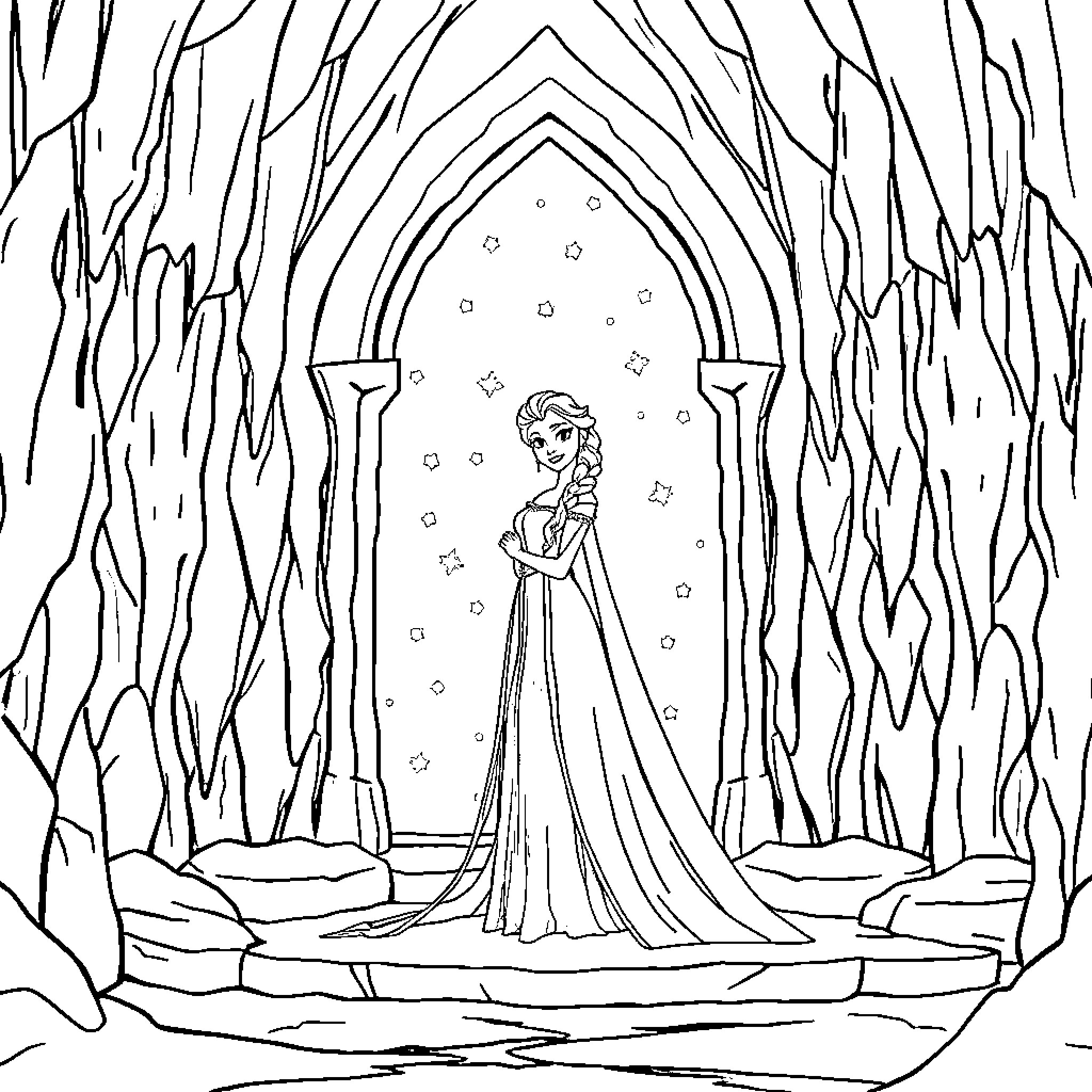 Elsa in a Magical Icy Archway Coloring Page (free black-and-white line drawing printable PDF for all, from beginners to advanced learners, including children, teens, adults, and seniors)