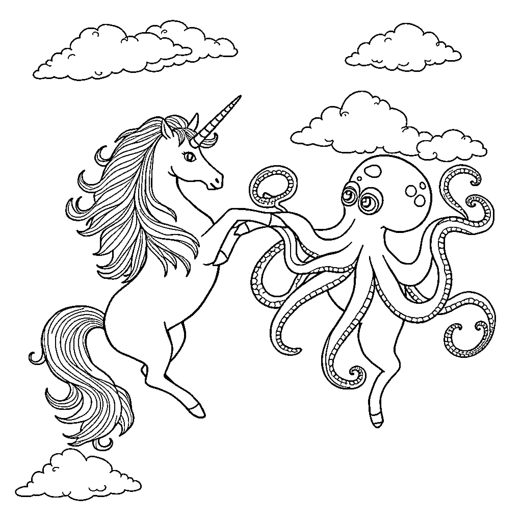 Unicorn and Octopus Playing in the Clouds Coloring Page (free black-and-white line drawing printable PDF for all, from beginners to advanced learners, including children, teens, adults, and seniors)