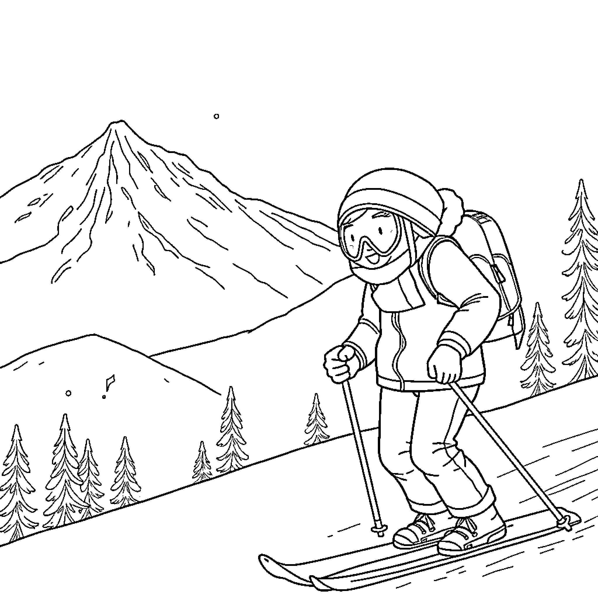 Cat skiing down snowy mountain slopes Coloring Page (free black-and-white line drawing printable PDF for all, from beginners to advanced learners, including children, teens, adults, and seniors)