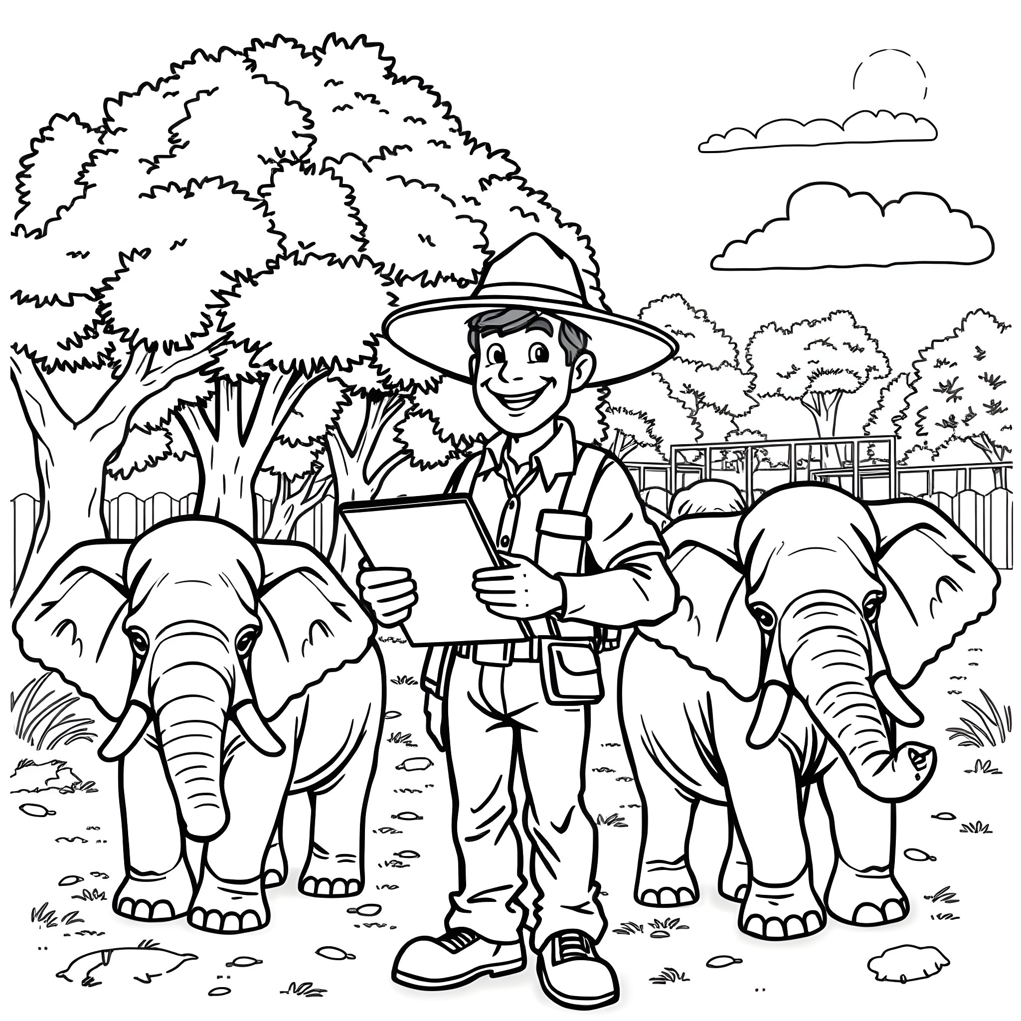 Zookeeper guides elephants through the park Coloring Page (free black-and-white line drawing printable PDF for all, from beginners to advanced learners, including children, teens, adults, and seniors)