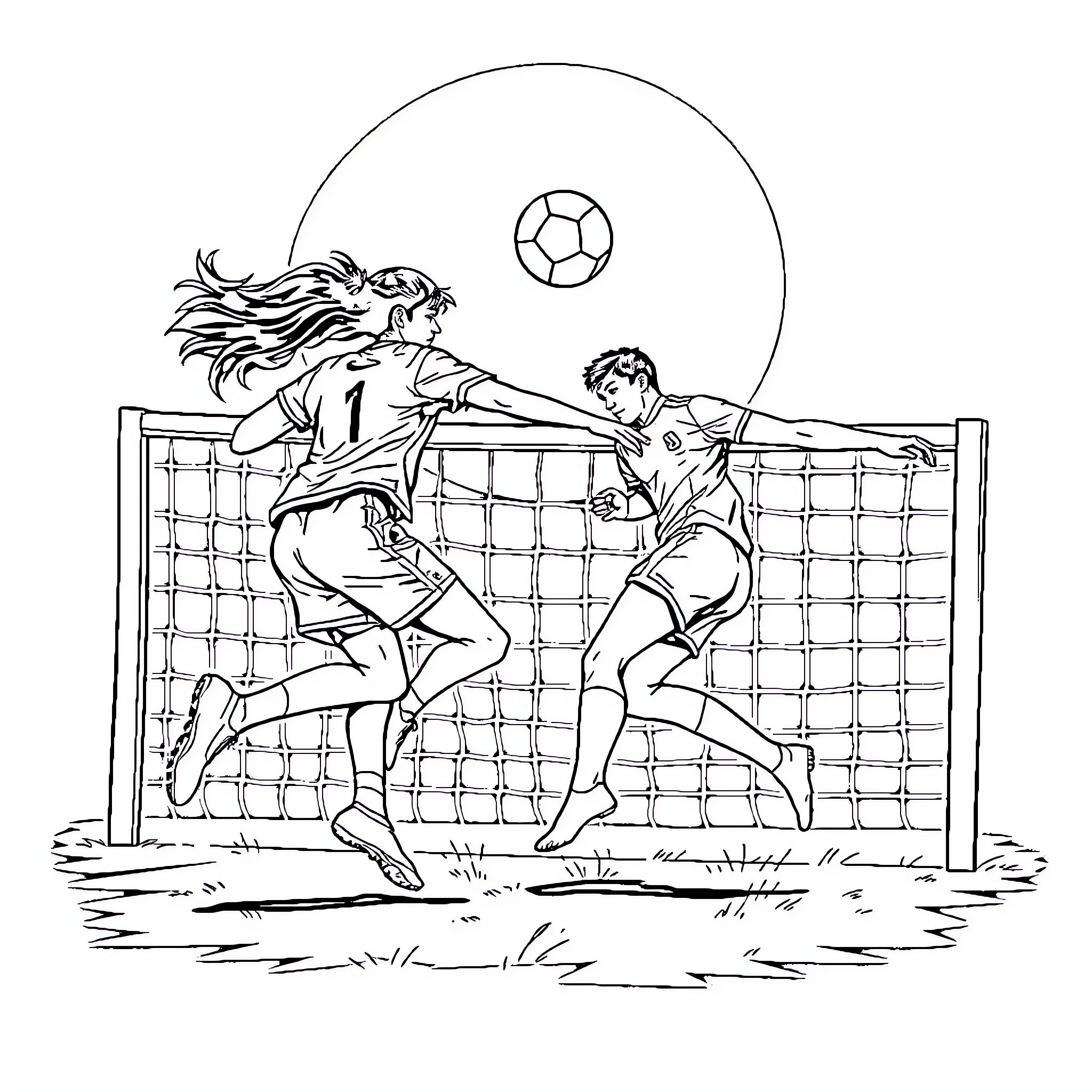 Voleibol players in dynamic volleyball match Coloring Page (free black-and-white line drawing printable PDF for all, from beginners to advanced learners, including children, teens, adults, and seniors)