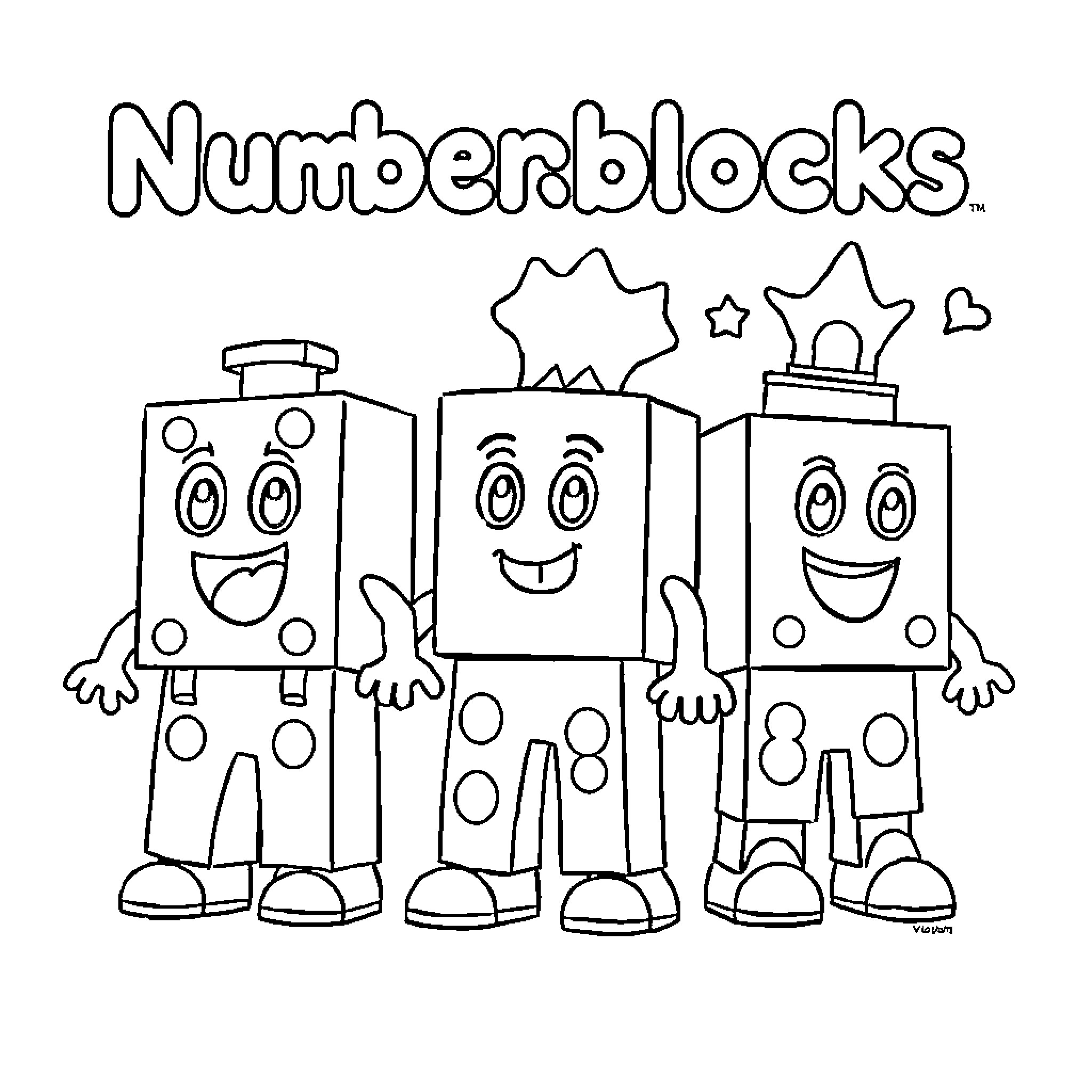 Numberblocks happily playing together Coloring Page (free black-and-white line drawing printable PDF for all, from beginners to advanced learners, including children, teens, adults, and seniors)