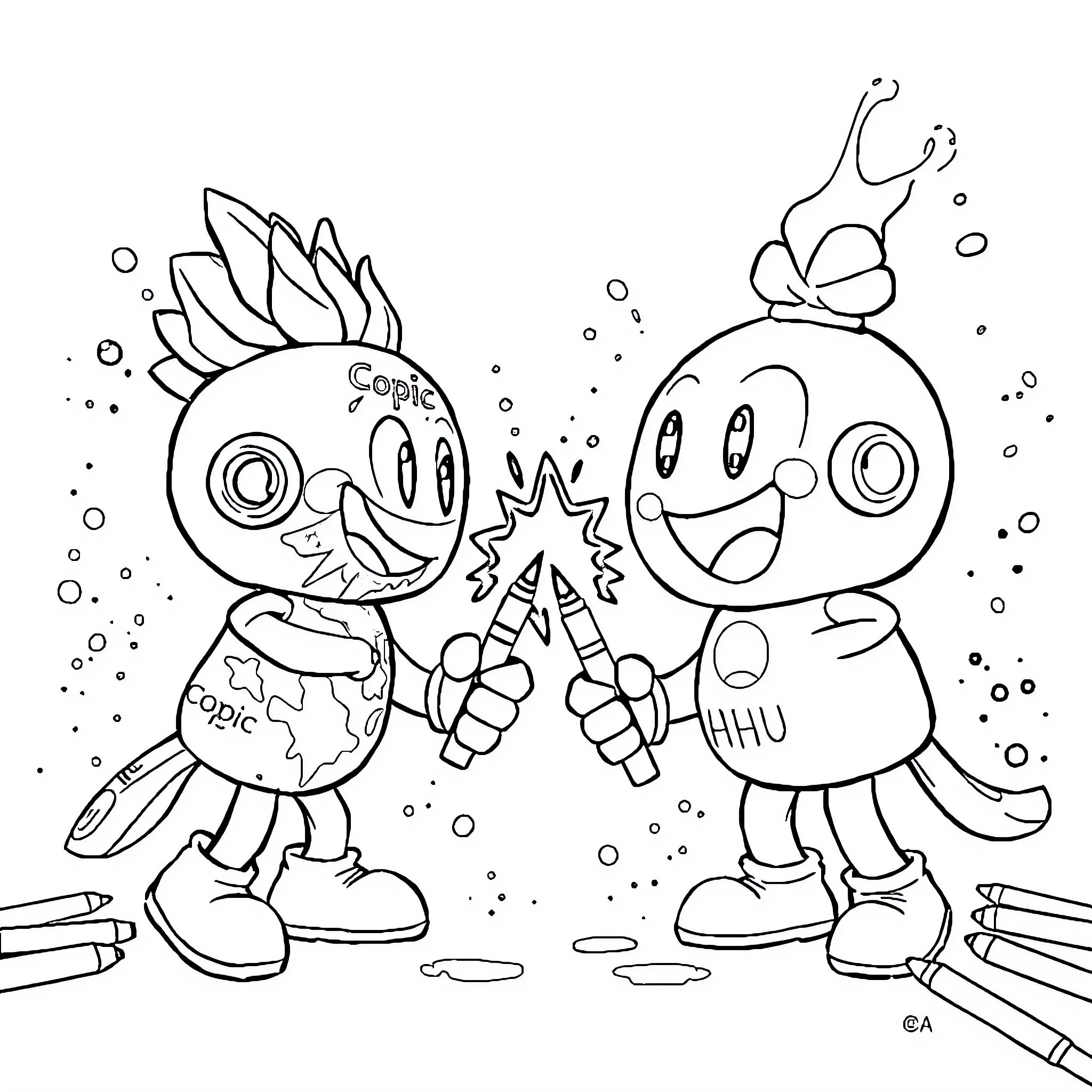 Mascot friends playing and exploring Coloring Page (free black-and-white line drawing printable PDF for all, from beginners to advanced learners, including children, teens, adults, and seniors)
