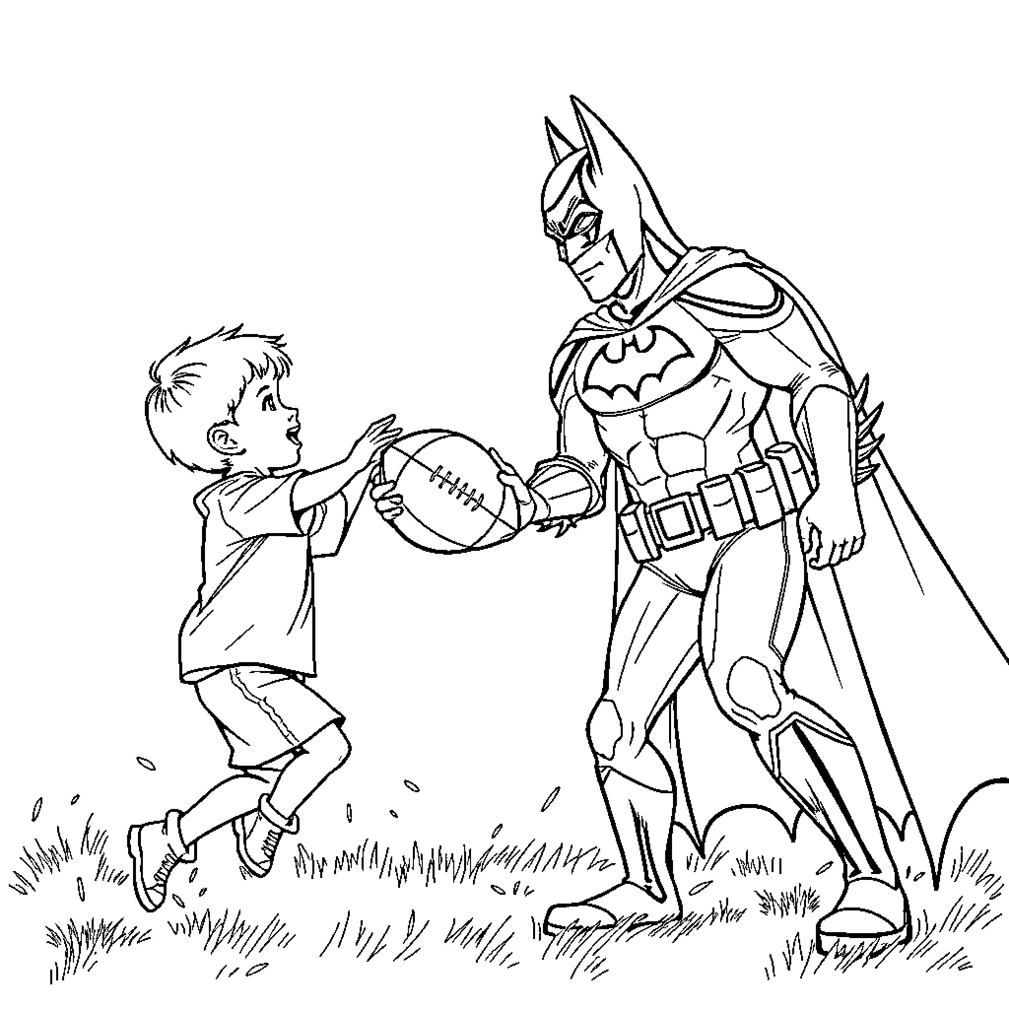 Boy interacts with superhero on grassy field Coloring Page (free black-and-white line drawing printable PDF for all, from beginners to advanced learners, including children, teens, adults, and seniors)